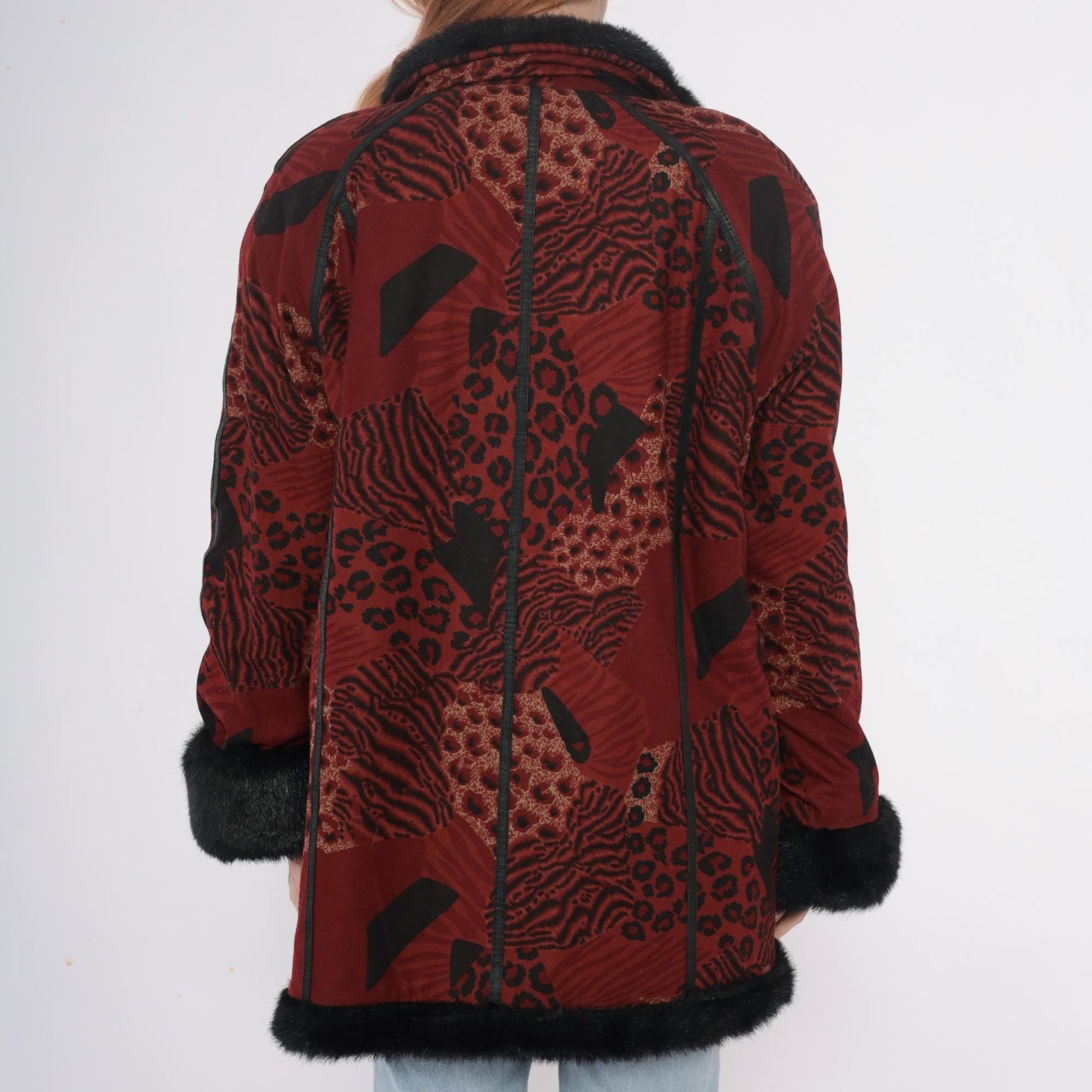 70s Burgundy Patchwork Coat Animal Print Faux Fur Collar Large L