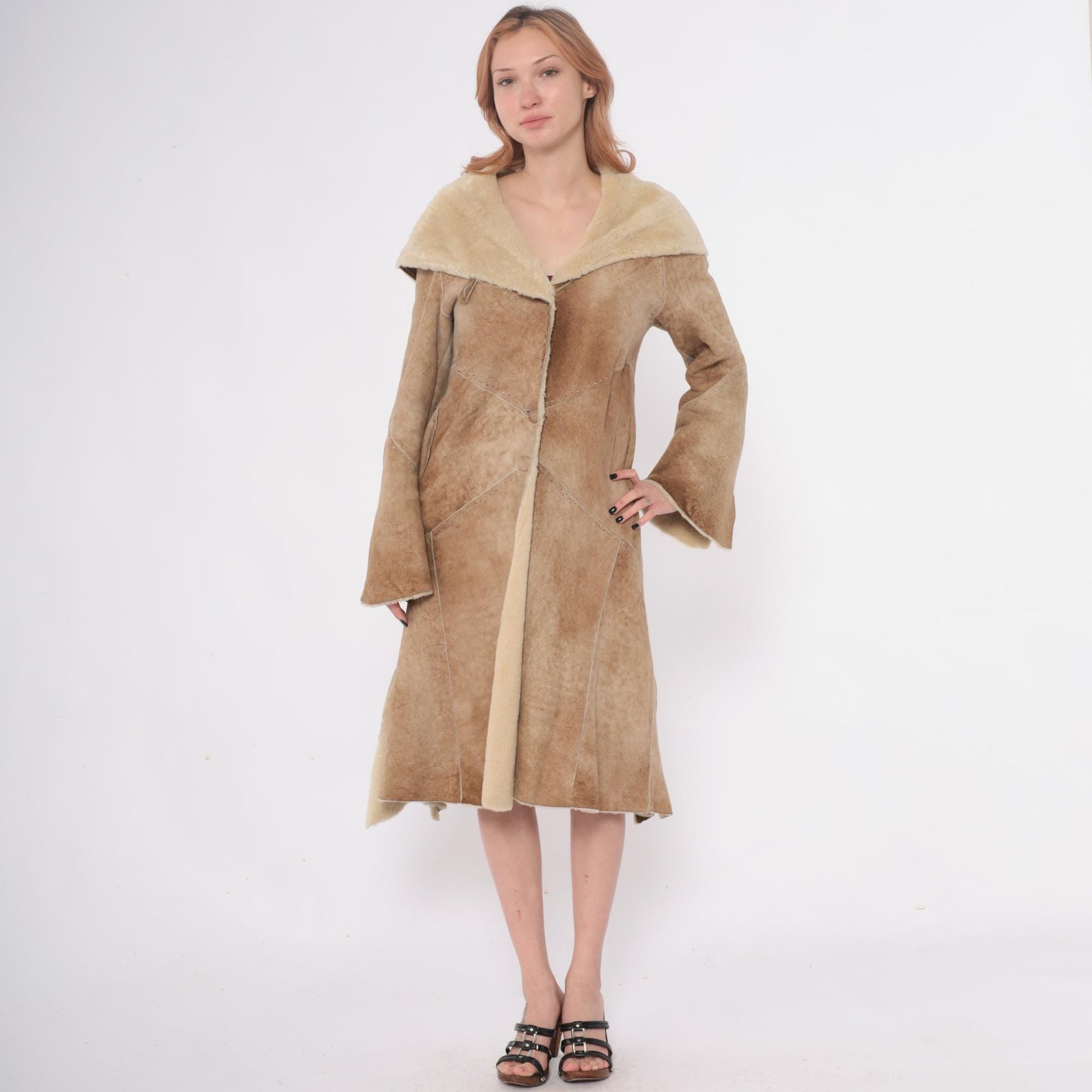 90s Denimaxx Couture Suede Hooded Coat Tan Shearling Trim Small