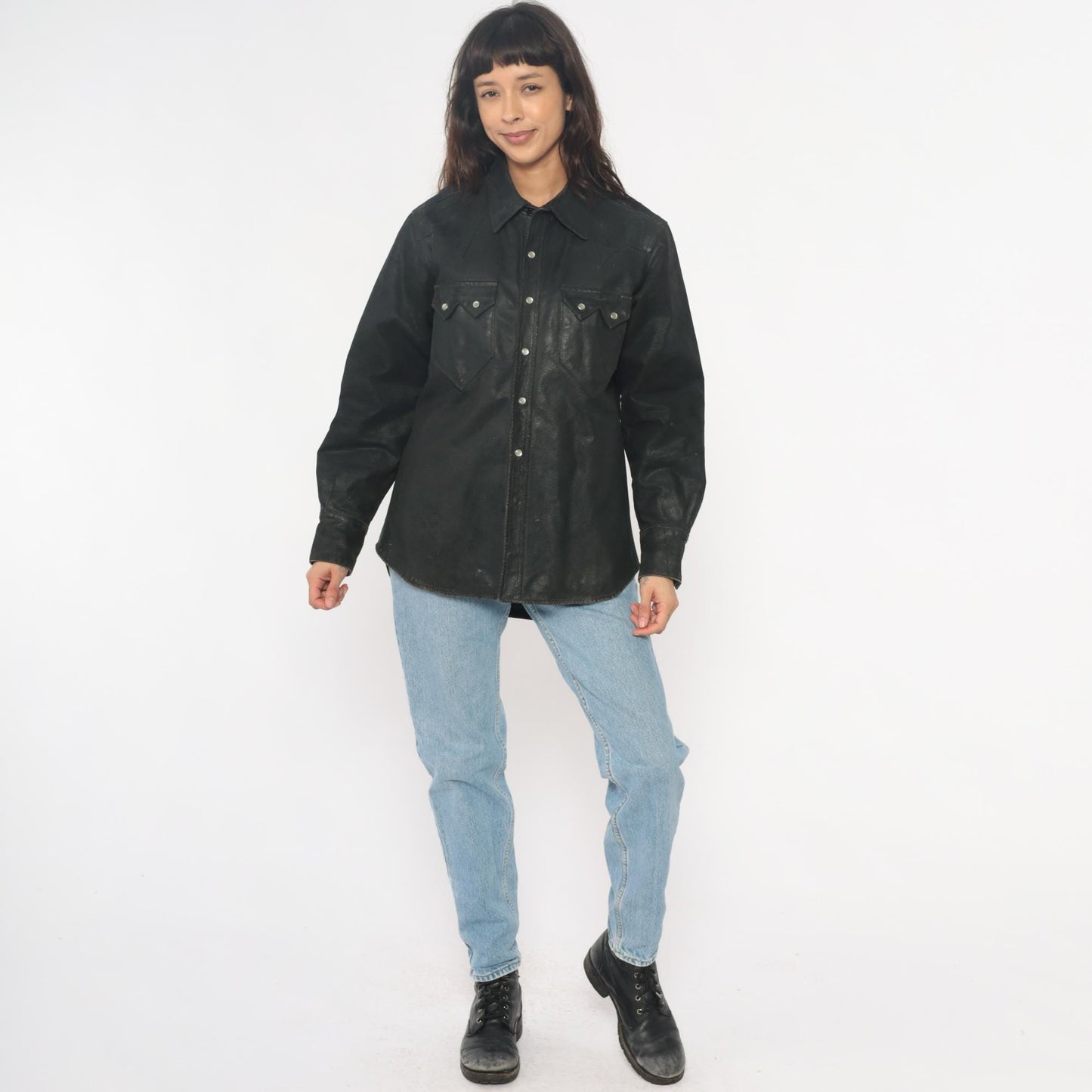90s Neyries Black Leather Western Shirt Pearl Snap Pointed Yoke Large L