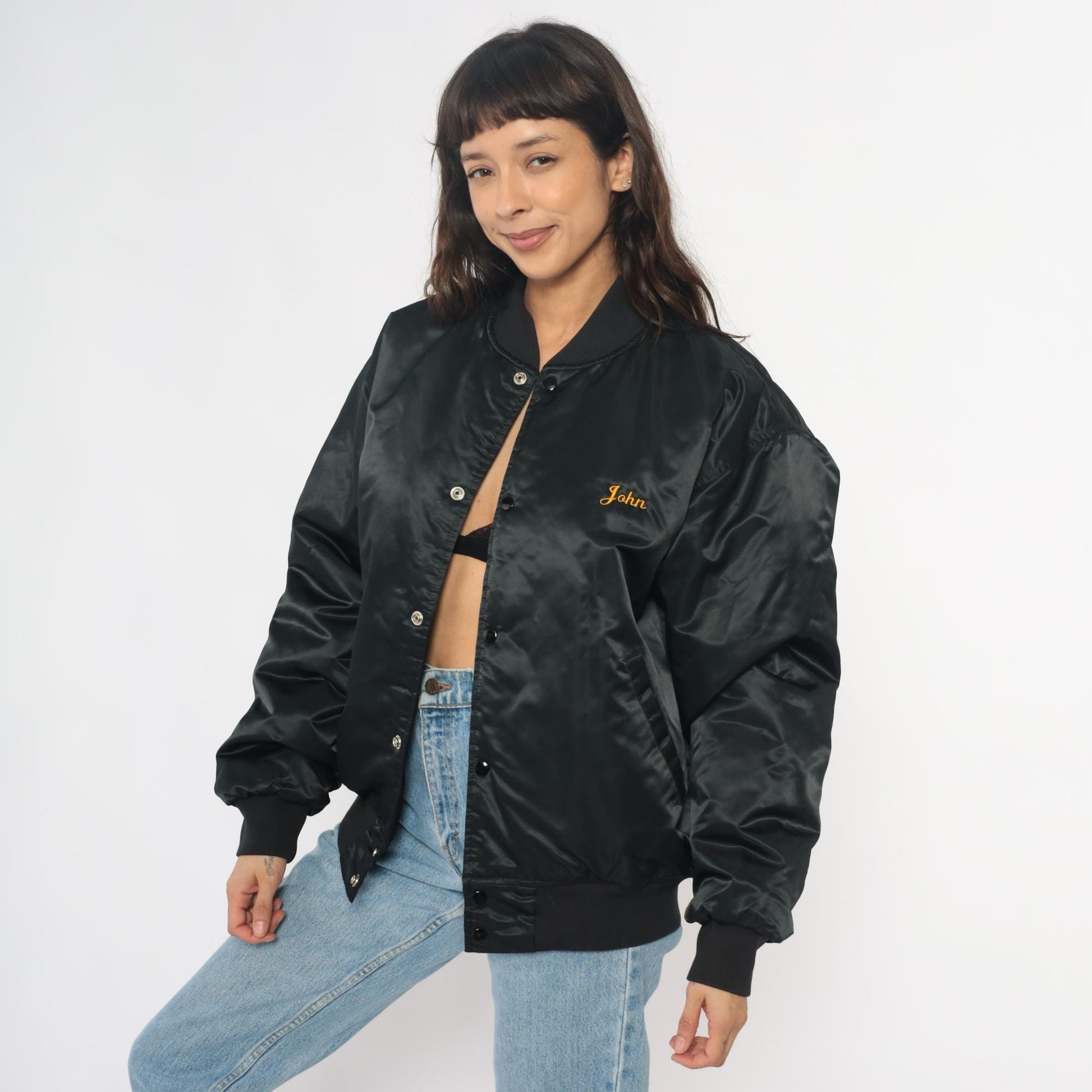 90s Black Satin Bomber Jacket Embroidered Champion Hunt Club Deer Large