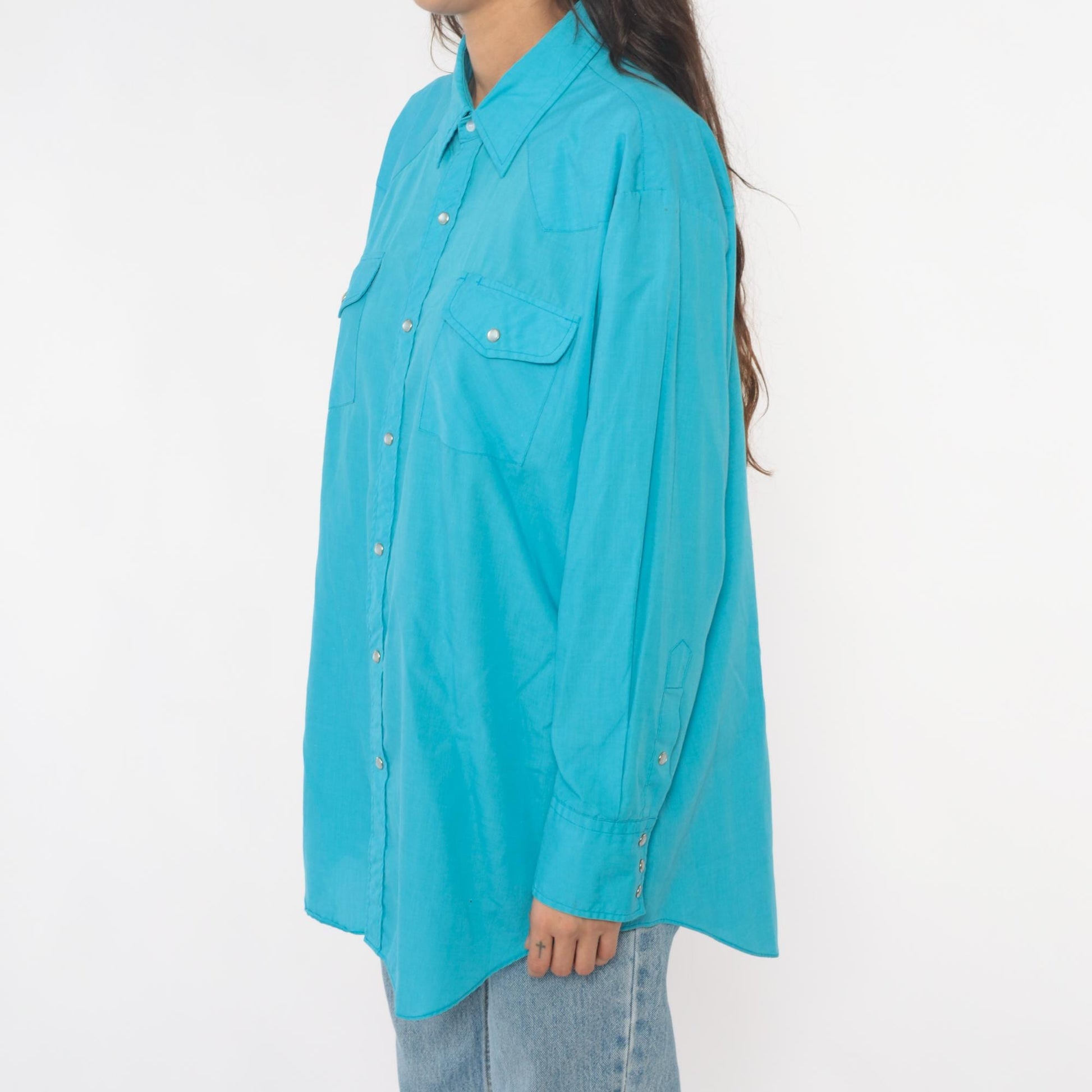 80s Sheplers Turquoise Western Shirt Pearl Snap Collared Long Sleeve Large