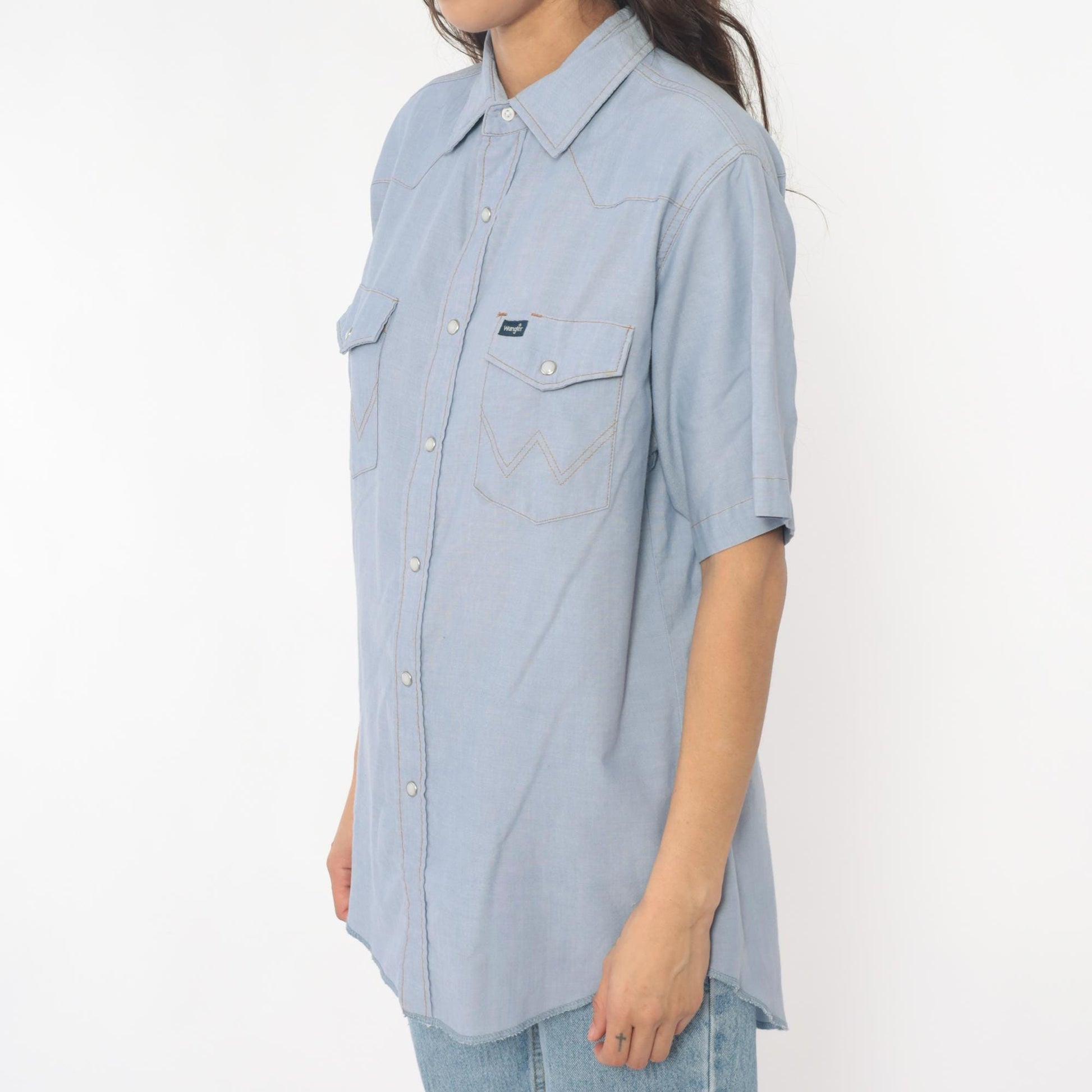 80s Wrangler Western Shirt Pearl Snap Light Blue Chambray Large