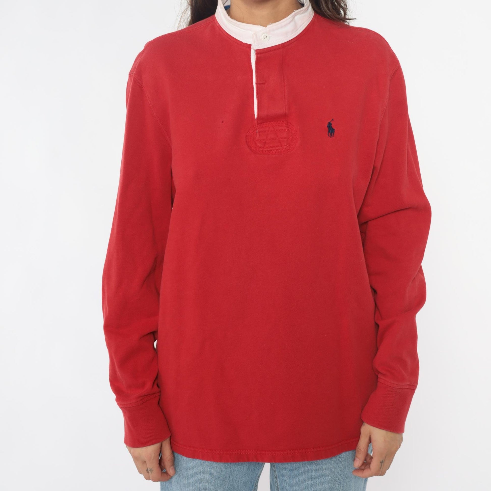 90s Polo Ralph Lauren Red Rugby Shirt White Collar Cotton Medium M