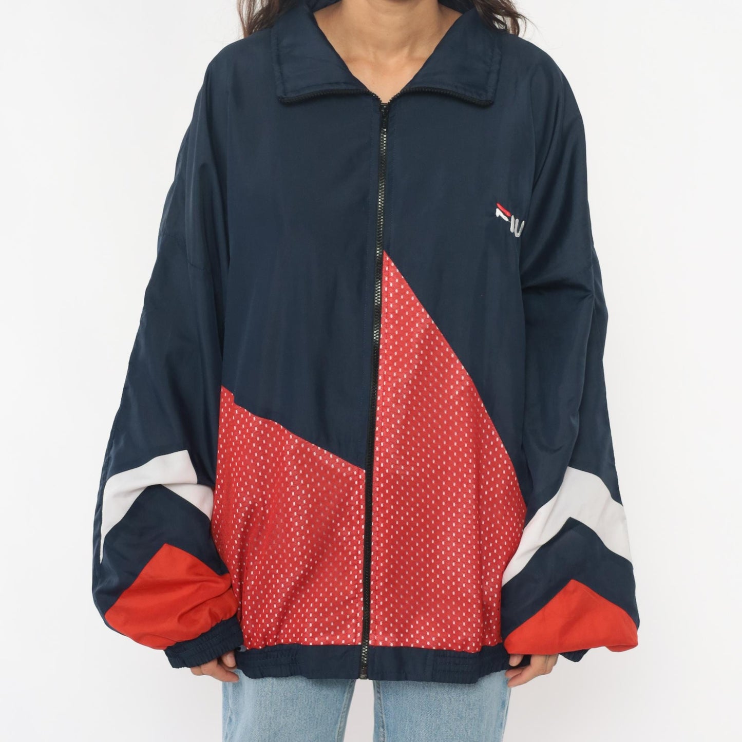 90s Fila Windbreaker Colorblock Navy Red White Full Zip Track Jacket Extra Large