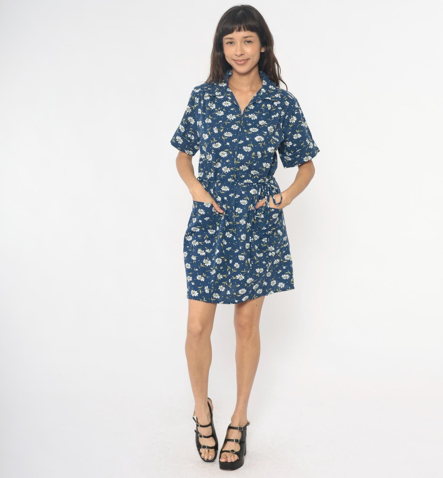 90s Carole Navy Floral Daisy Dress Collared Button Front Cotton Medium M