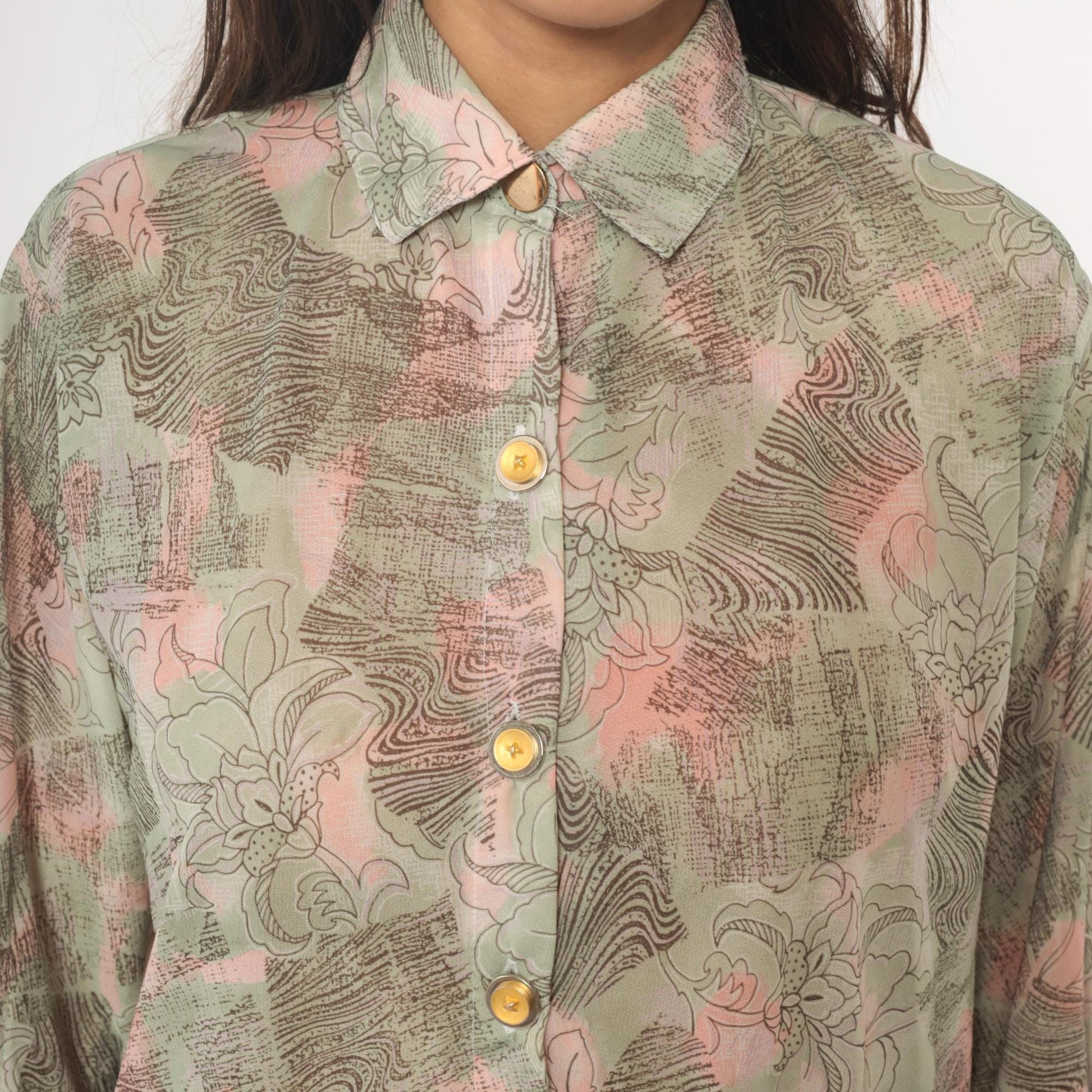 70s Abstract Floral Tunic Shirt Sage Pink Cream Button Front Medium