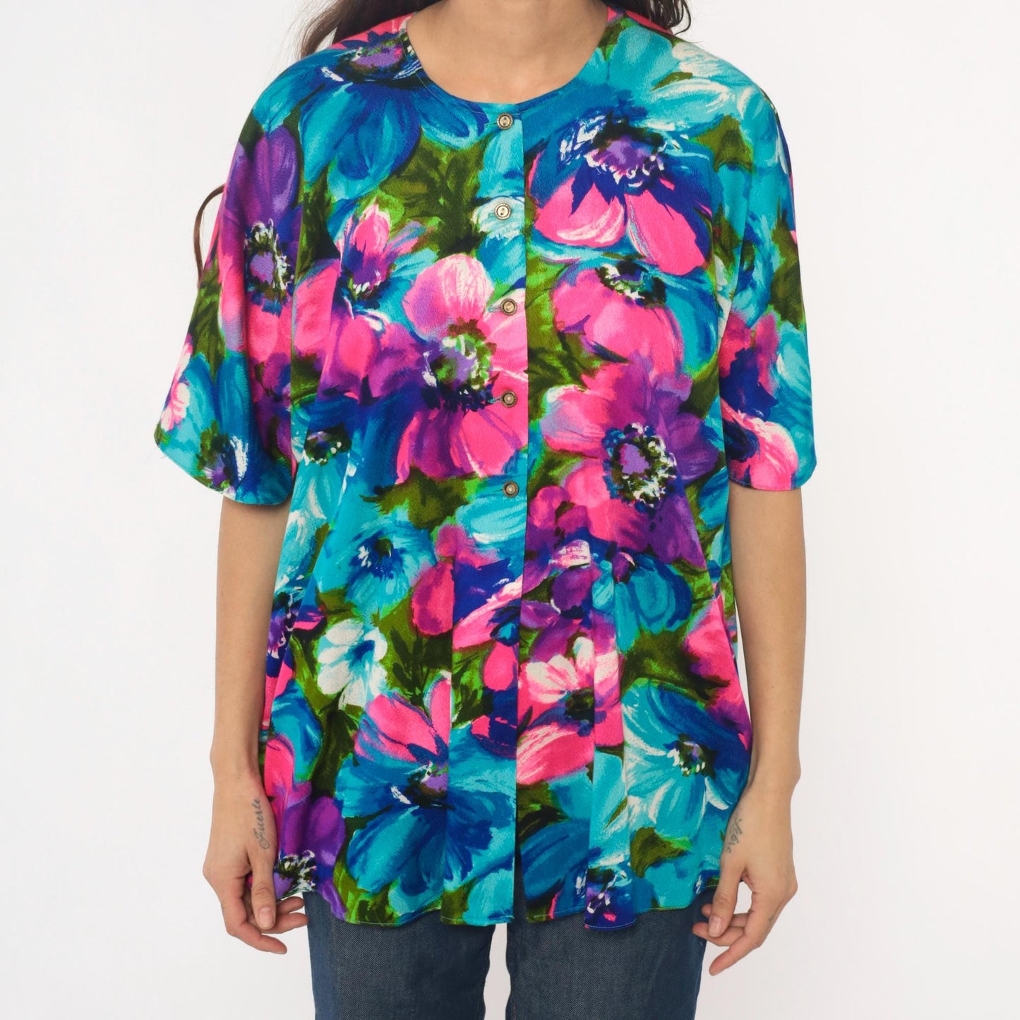 70s Haleaka Fashions Floral Button-Up Tunic Pink Purple Blue Cotton