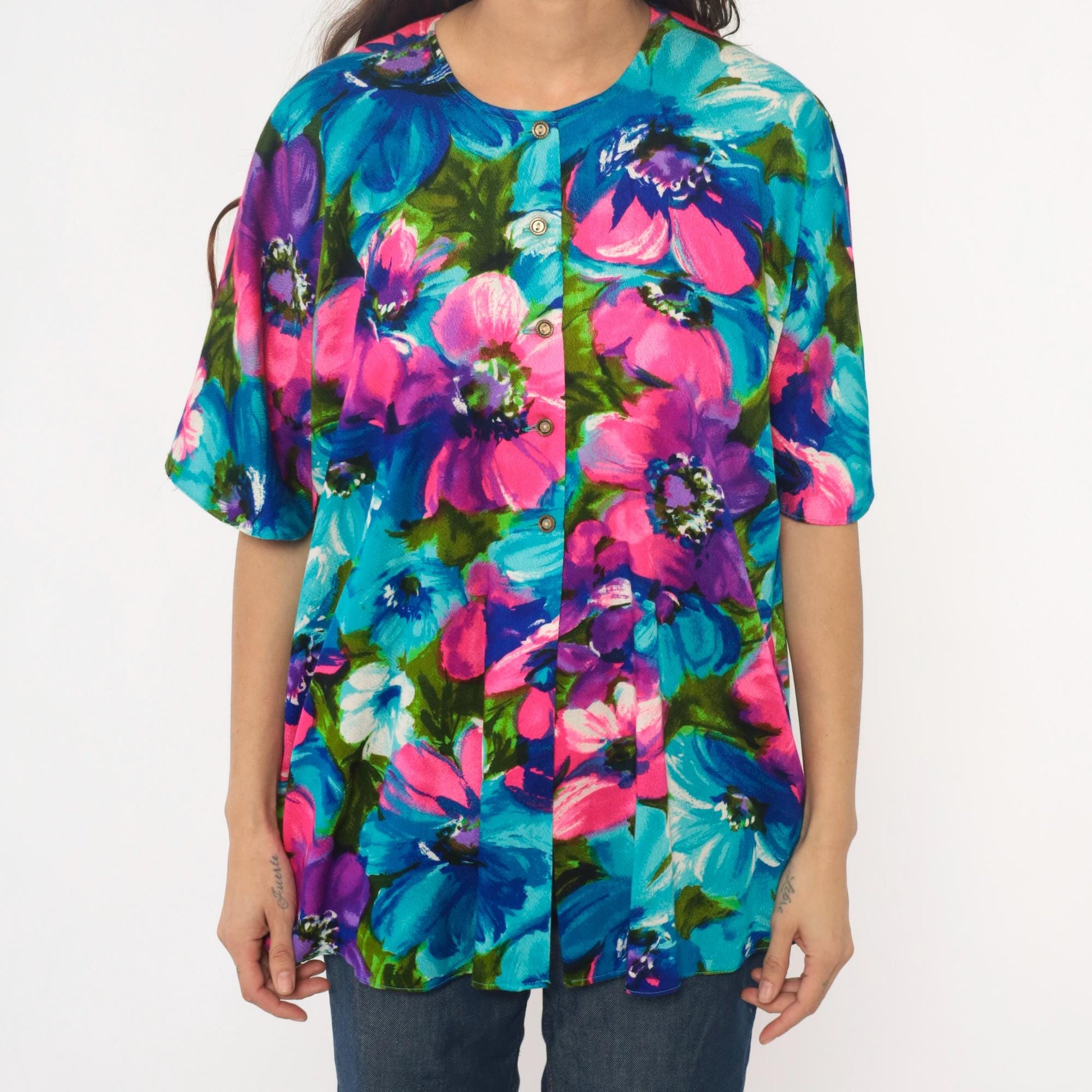 70s Haleaka Fashions Floral Button-Up Tunic Pink Purple Blue Cotton