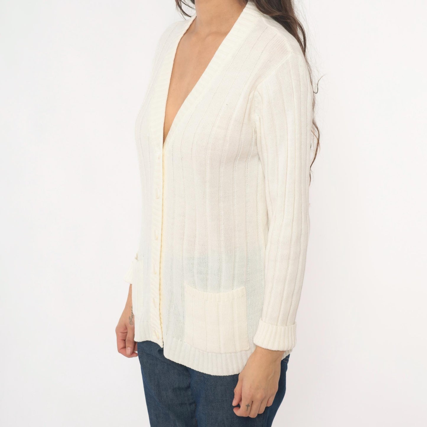70s Cream Cable Knit Cardigan V-Neck Button Front Zayre Small