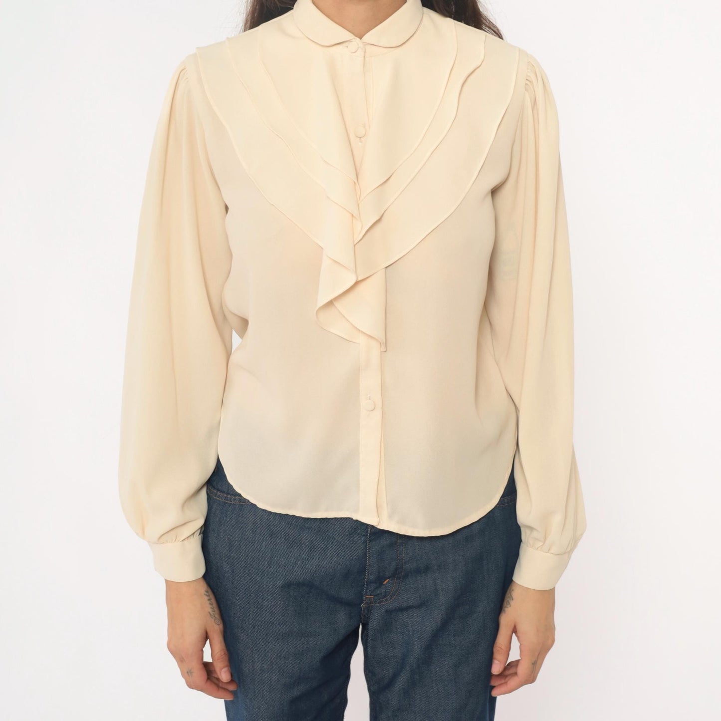 70s Cream Peter Pan Collar Blouse Puff Sleeve Button Front Ruffle Medium
