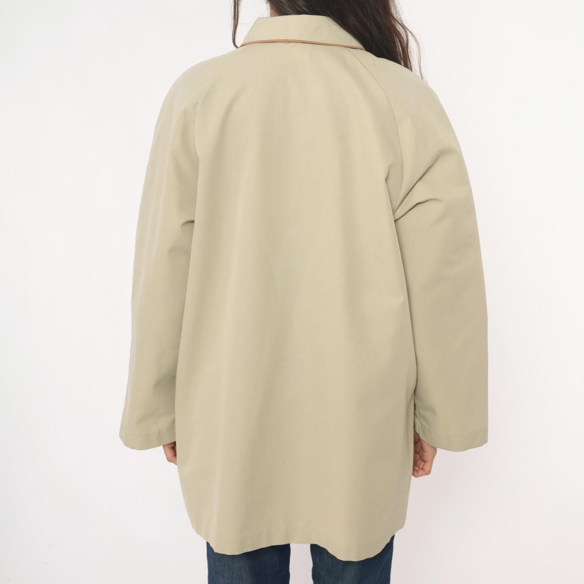 80s Beige Button Front Coat Peter Pan Collar Brown Trim Medium