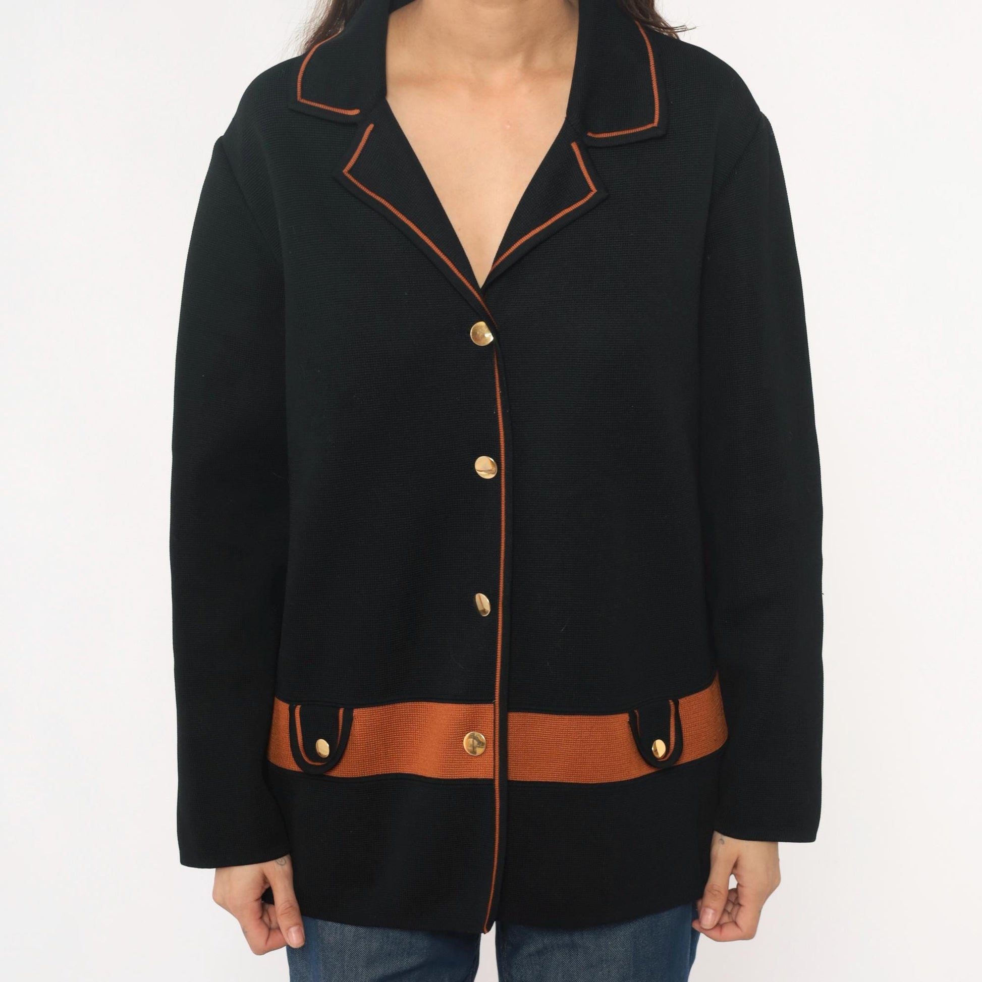 70s Black Knit Blazer Gold Buttons Rust Orange Trim Collared Jacket Large L