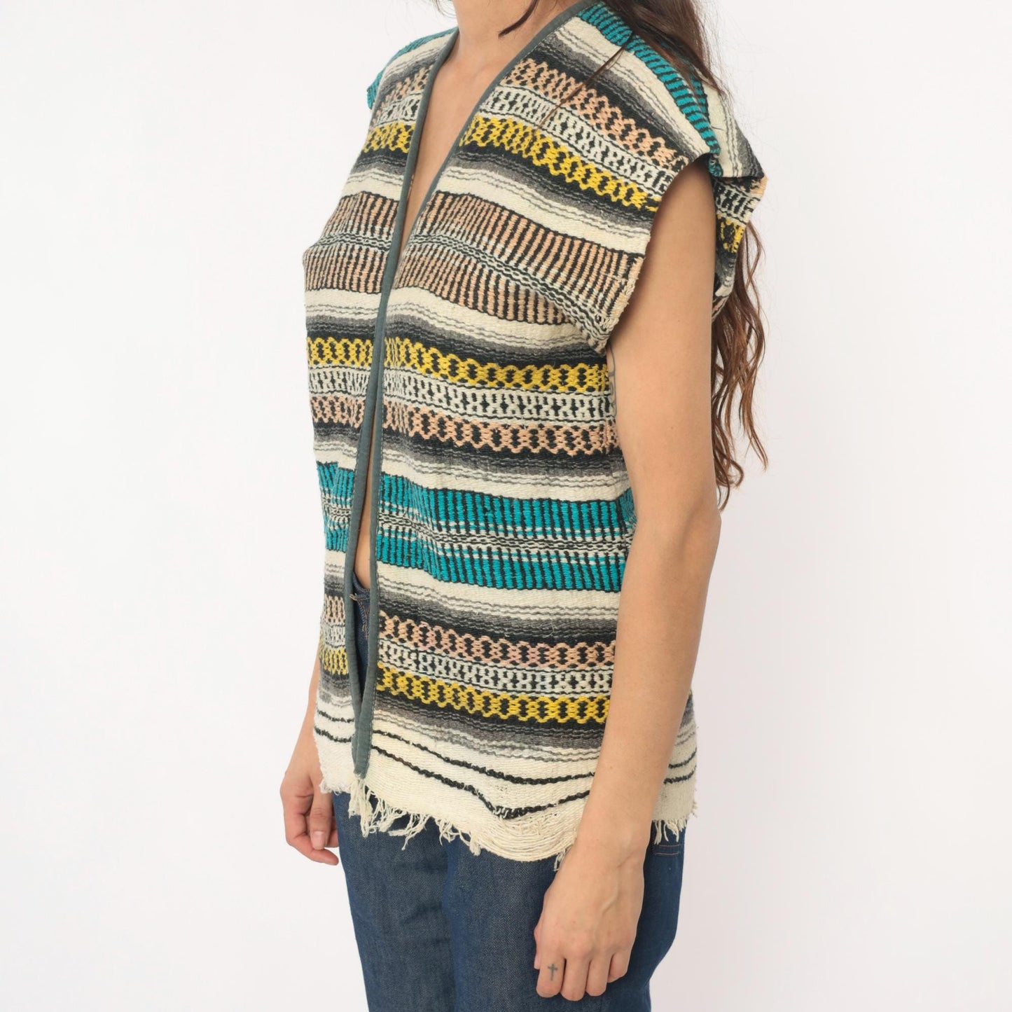 70s Mexican Serape Woven Vest Multicolor Striped Southwest Cap Sleeve Small