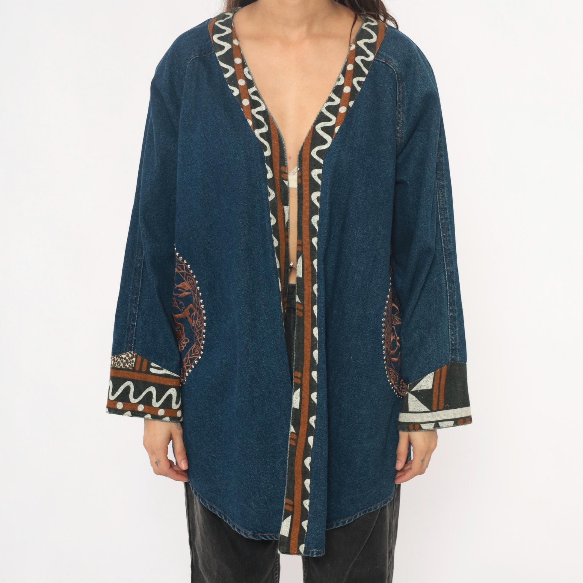 90s Southwestern Denim Jacket Tribal Embroidered Studs Blue Medium