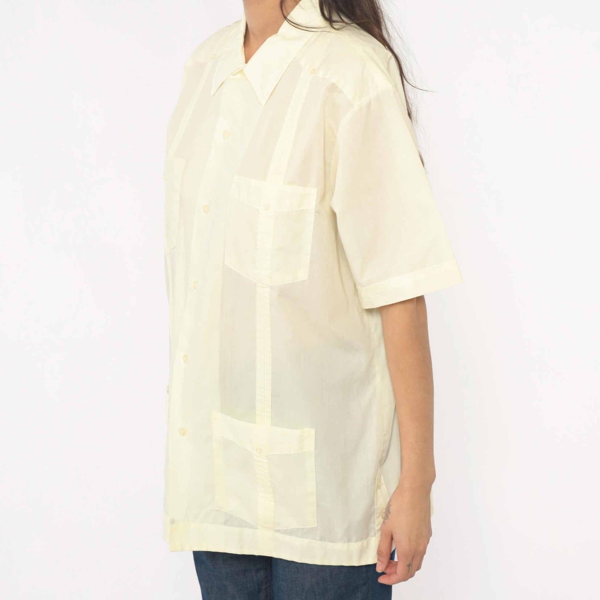 80s Pale Yellow Guayabera Shirt Pintuck Pleated Cotton Cream Collar Extra Large XL