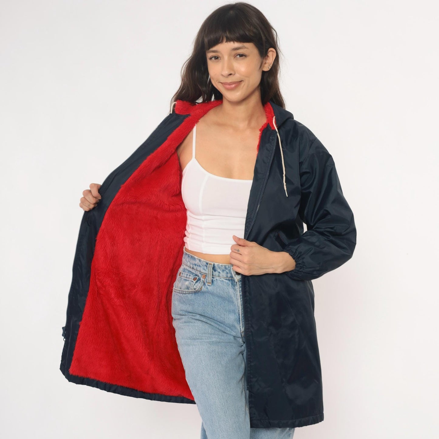 80s LEXD Swimming Team Jacket Navy Hooded Windbreaker Fur Lined Small
