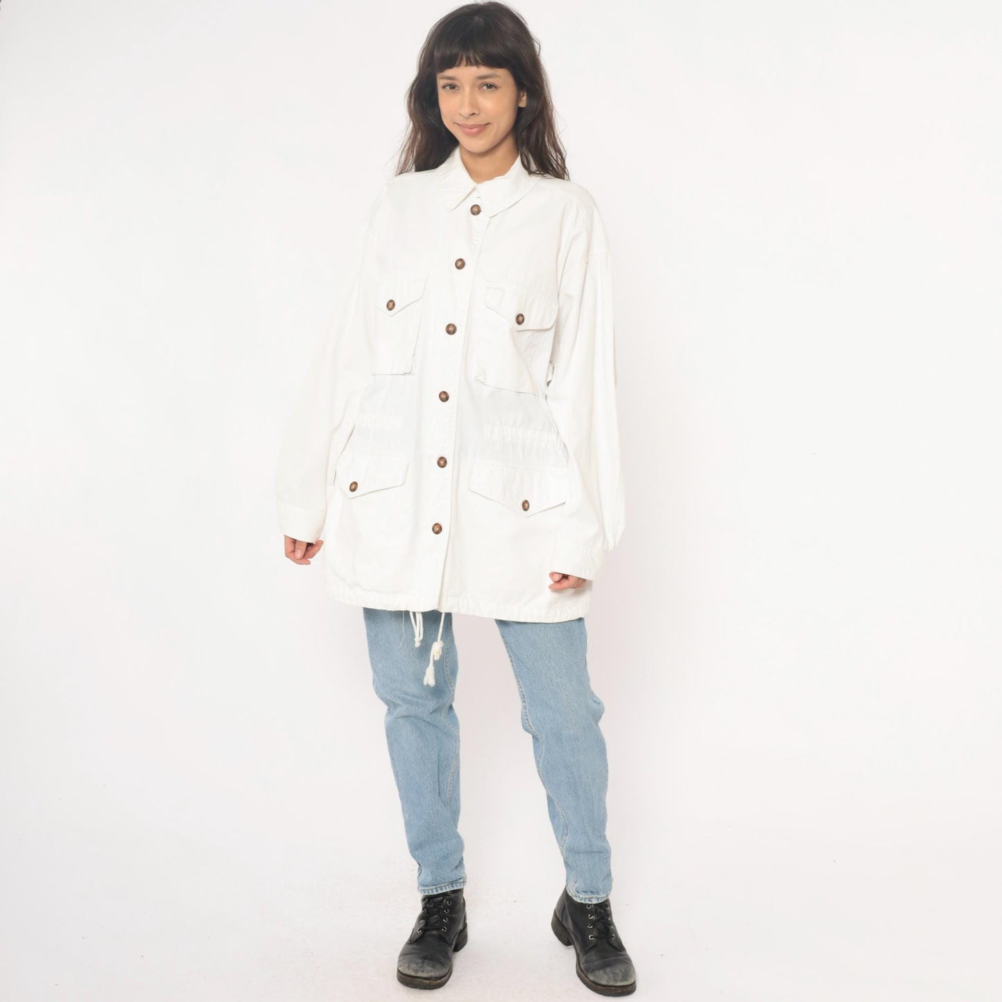 90s Adrienne Vittadini Cotton Utility Jacket Cream Pointed Collar Medium M