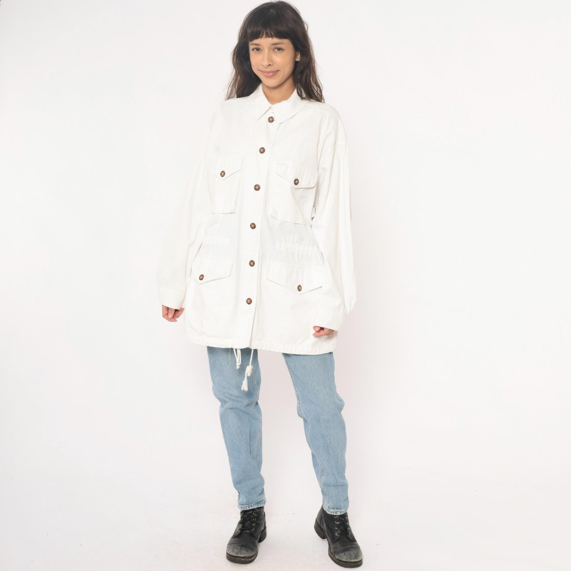 90s Adrienne Vittadini Cotton Utility Jacket Cream Pointed Collar Medium M