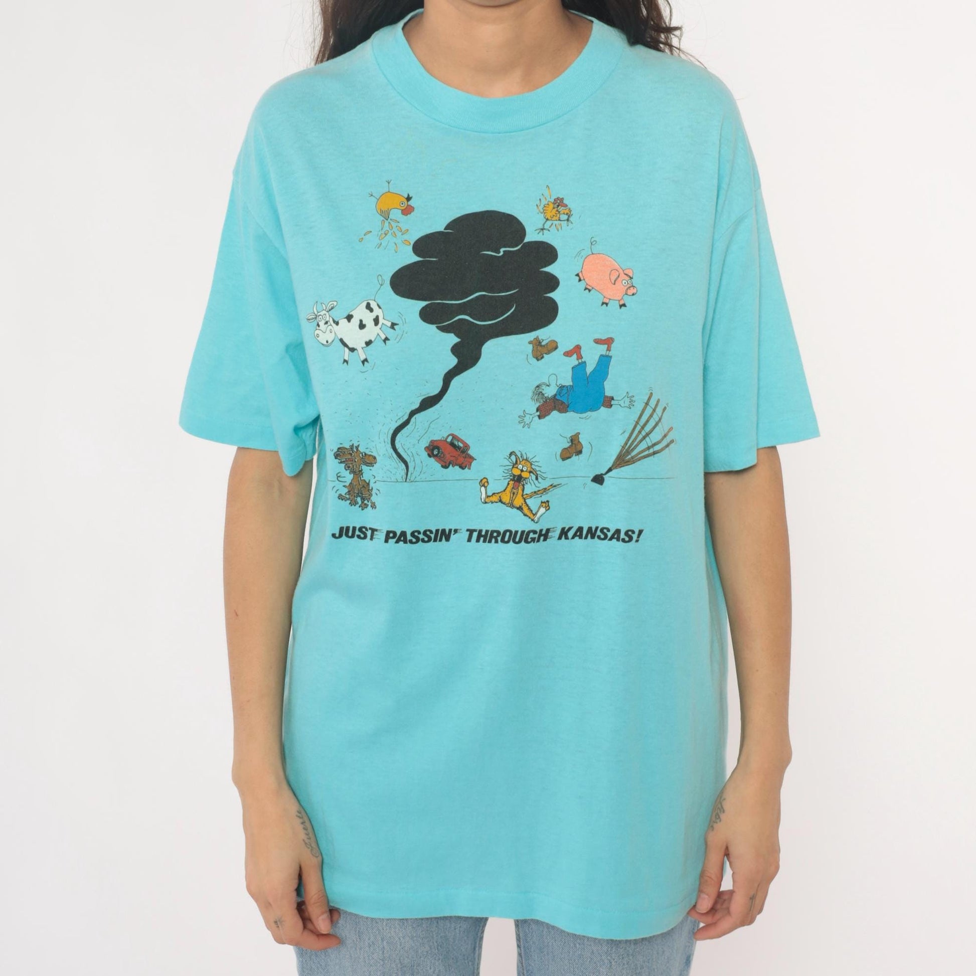 90s Anvil Kansas Tornado Graphic Tee Turquoise Cartoon Farm Animals Extra Large XL