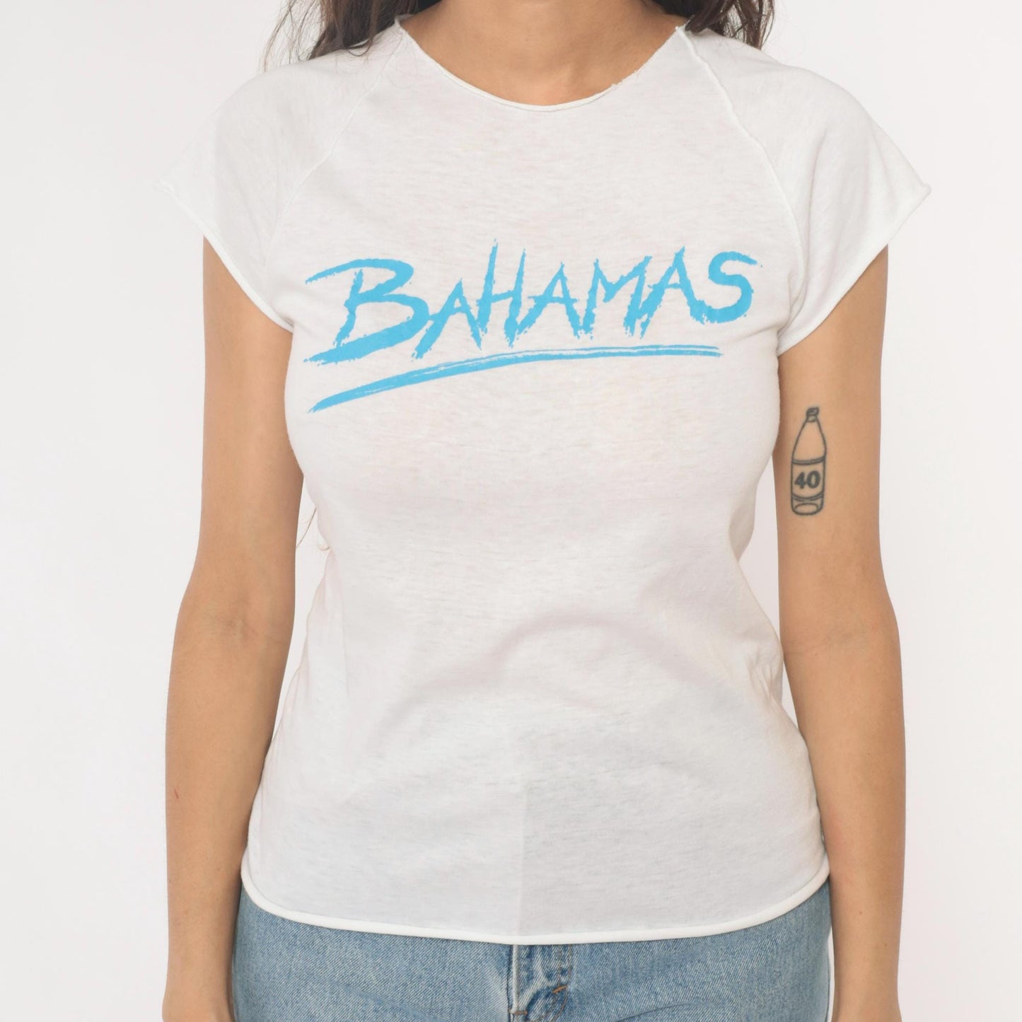 80s Bahamas White Graphic T-Shirt Cotton Crew Neck Cap Sleeve Extra Small XS
