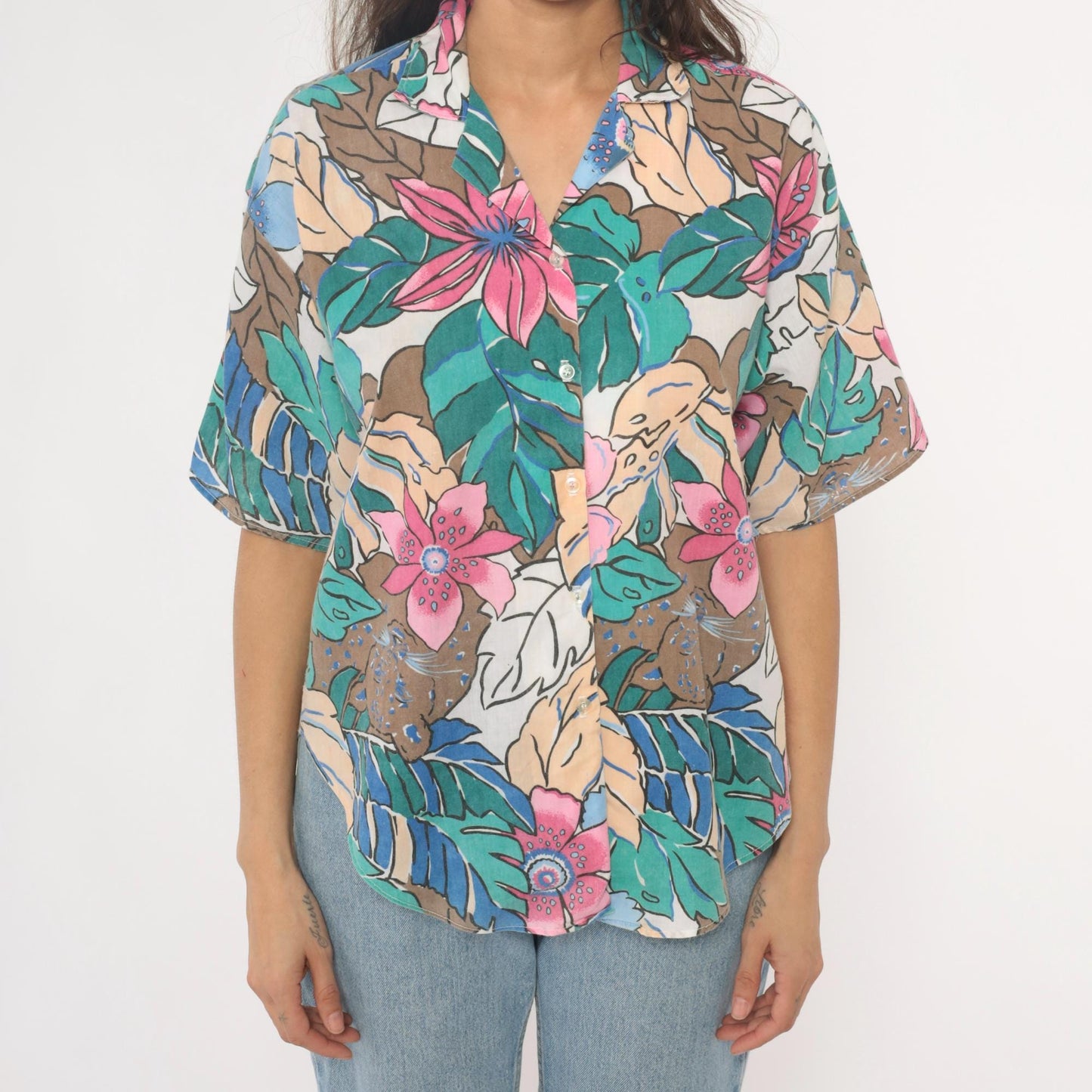 90s Caribou Tropical Floral Hawaiian Shirt Pink Blue Monstera Medium