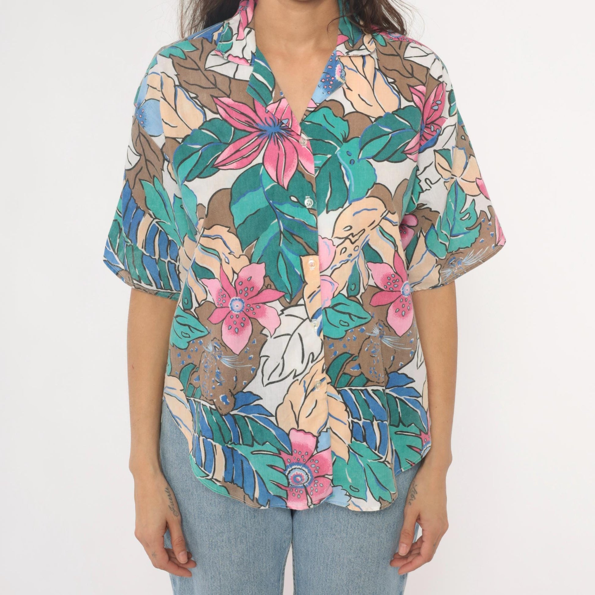 90s Caribou Tropical Floral Hawaiian Shirt Pink Blue Monstera Medium