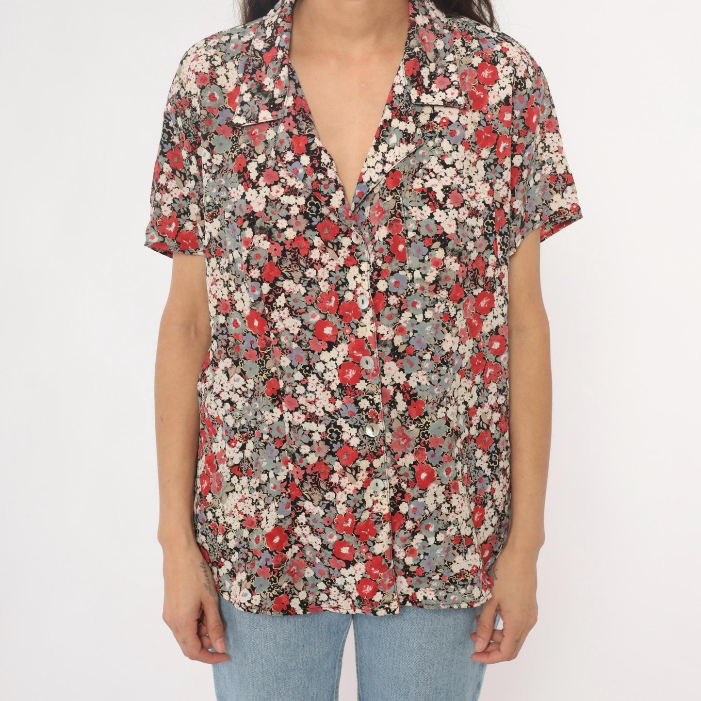 90s Zenobia Floral Button-Up Blouse Short Sleeve Black Cream Plus Size XXL