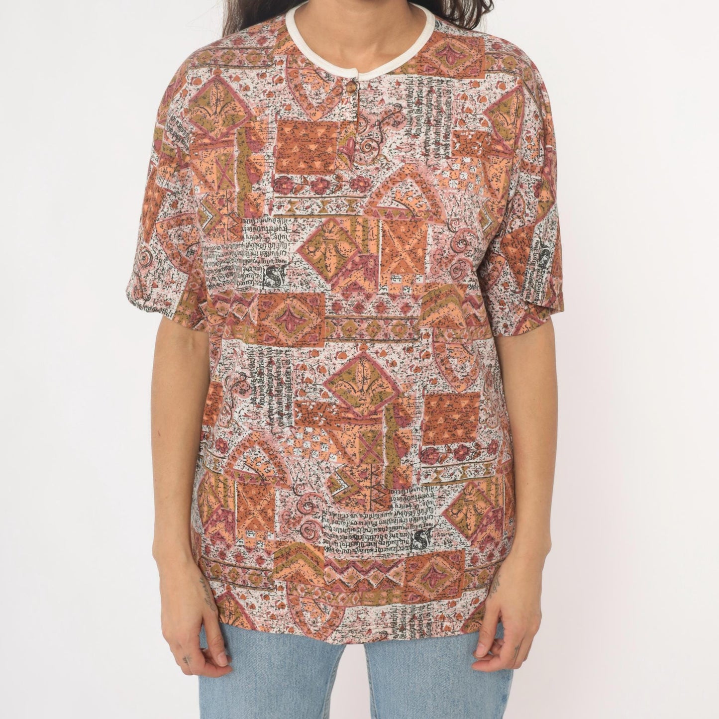 Y2K Patchwork Print Tee Rust Orange Cream Geometric Paisley Unisex Large L