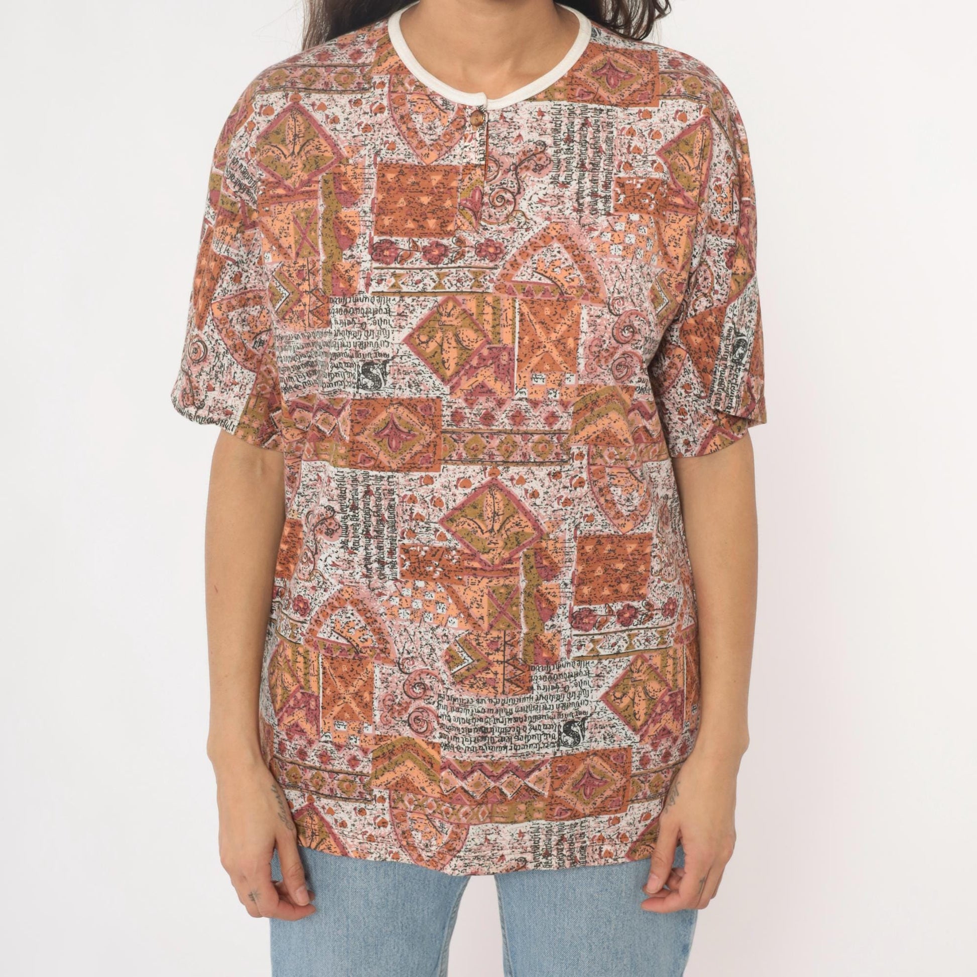 Y2K Patchwork Print Tee Rust Orange Cream Geometric Paisley Unisex Large L