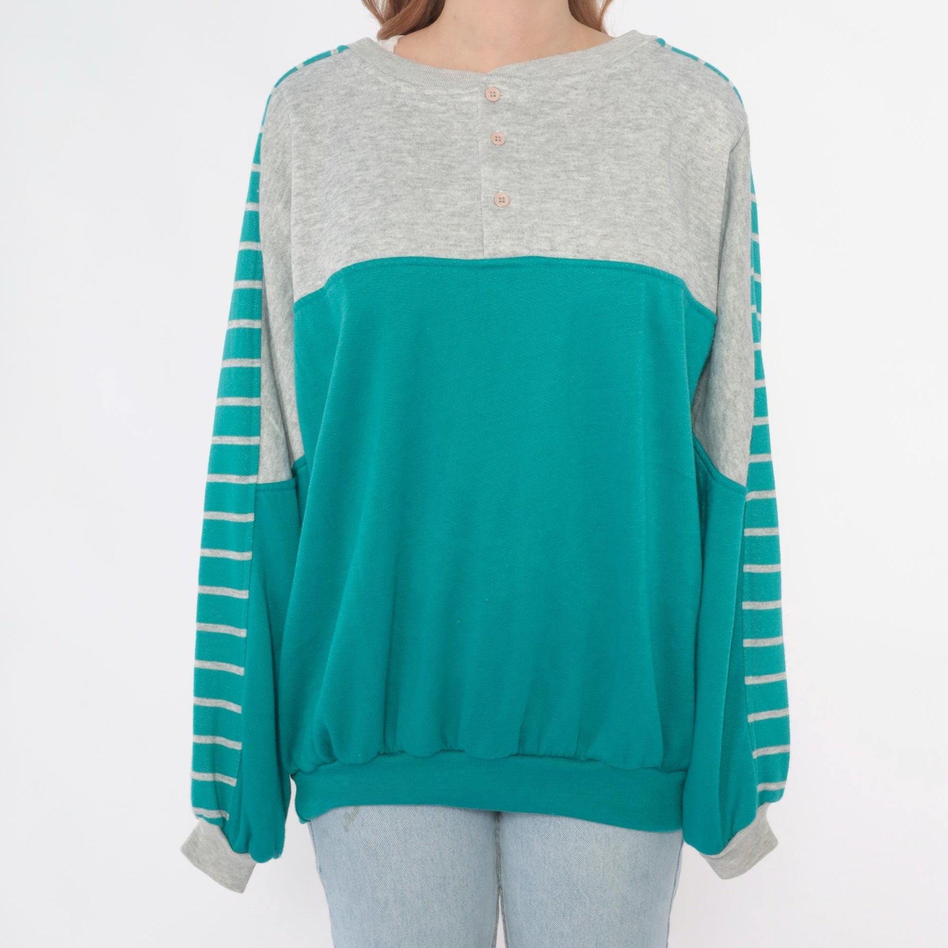 90s Teal Colorblock Sweatshirt Grey Striped Sleeve Crewneck Medium M