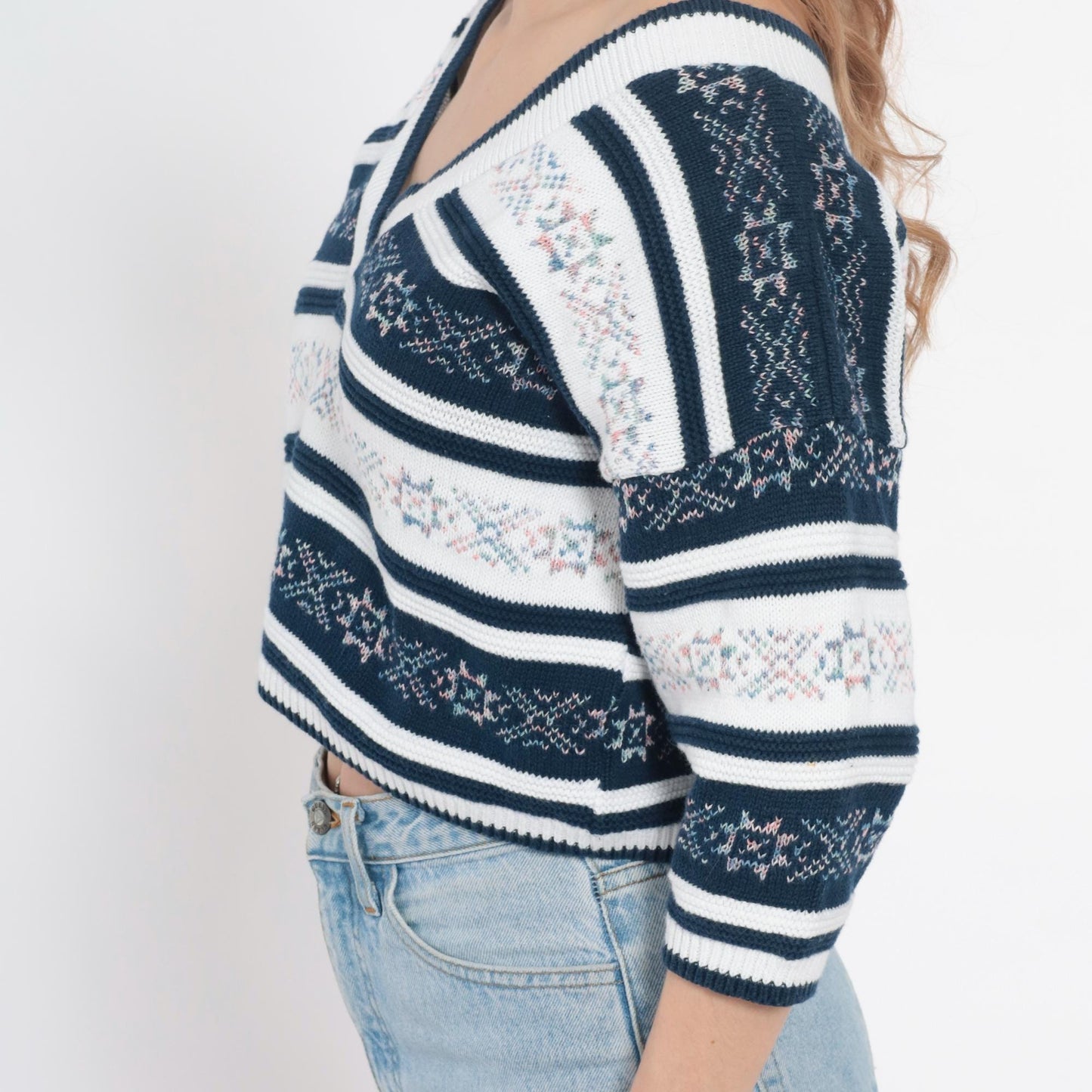 90s Navy Floral Striped V-Neck Knit Sweater Cotton Blend Medium M