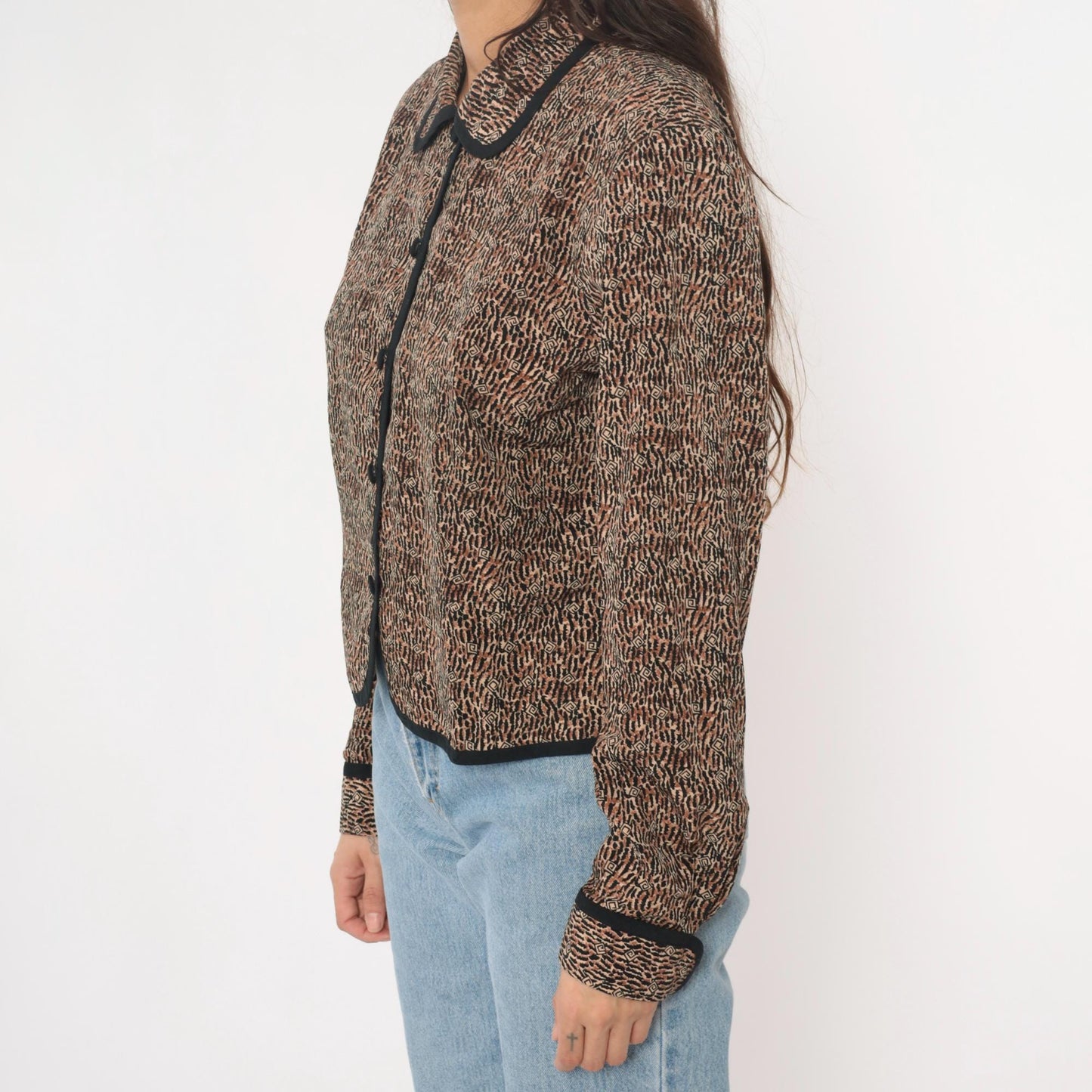 Y2K Nancy Crystal Cropped Jacket Brown Animal Print Peter Pan Collar Large L