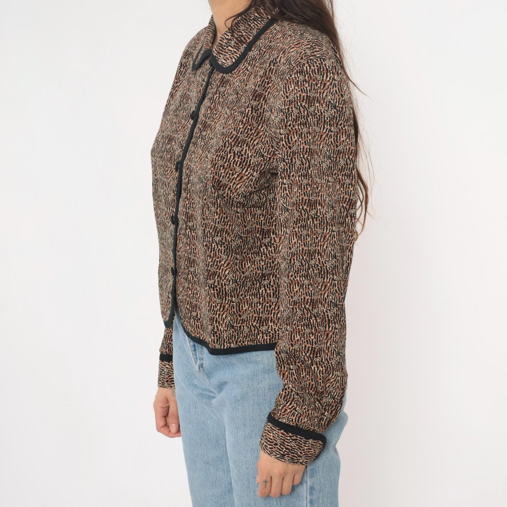 Y2K Nancy Crystal Cropped Jacket Brown Animal Print Peter Pan Collar Large L