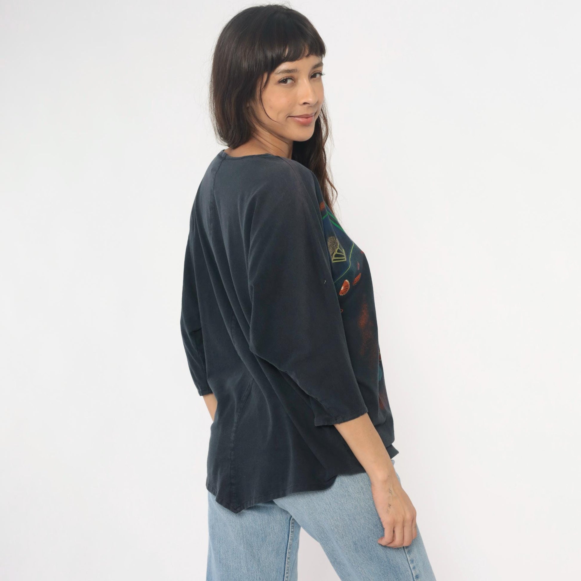 80s DT Company Vespa Scooter Graphic Tee Black Cotton Asymmetric Hem Large
