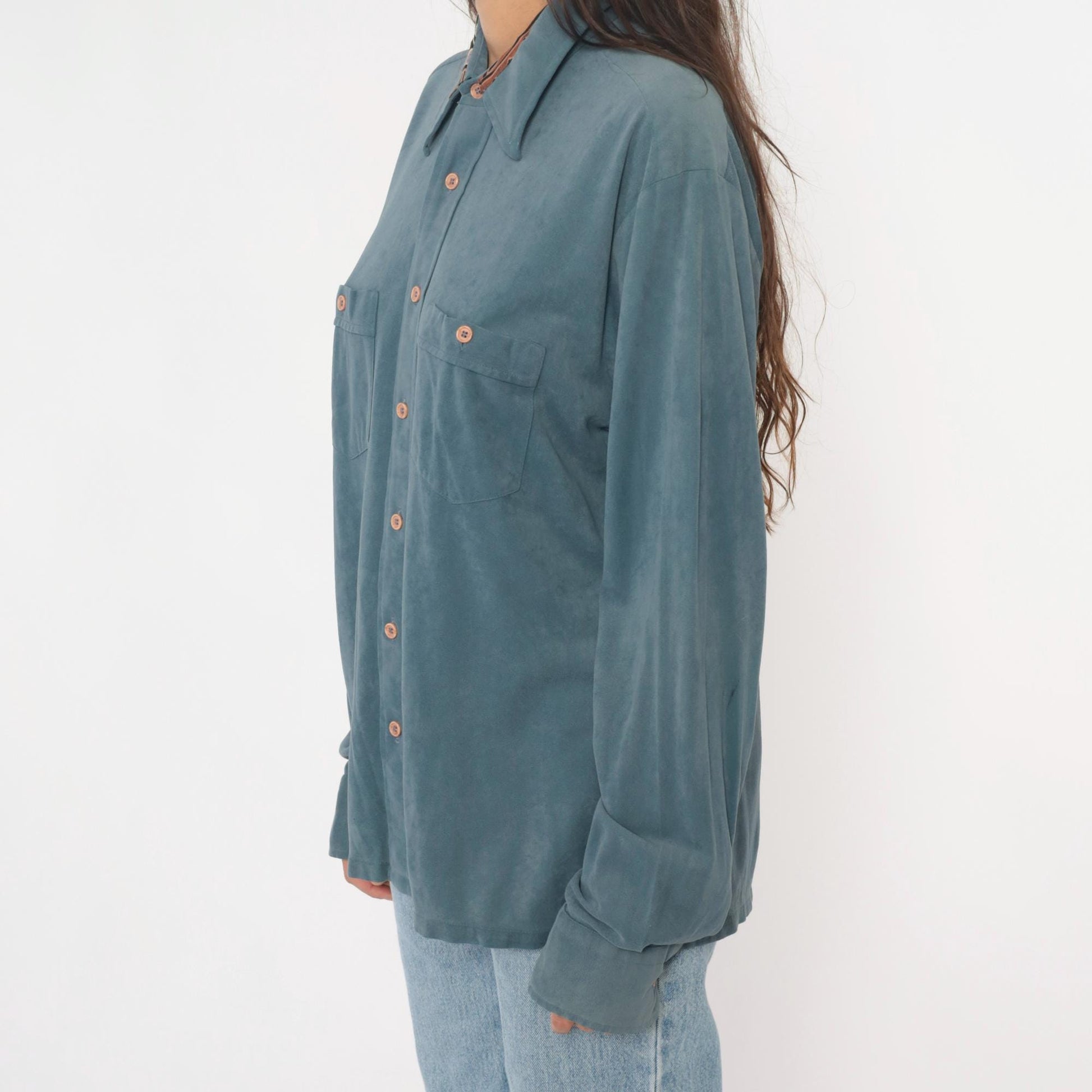 70s Macys California Blue-Teal Safari Shirt Pointed Collar Chest Pockets Large