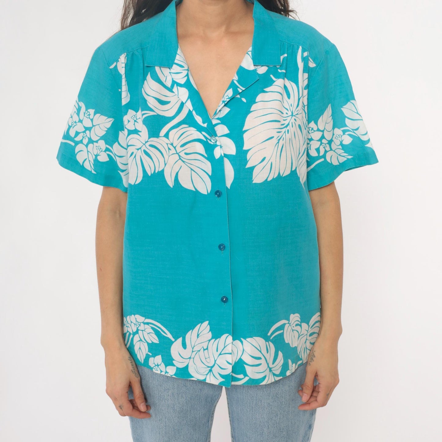 80s Hilo Hattie Hawaiian Shirt Turquoise Monstera Leaf Print Large