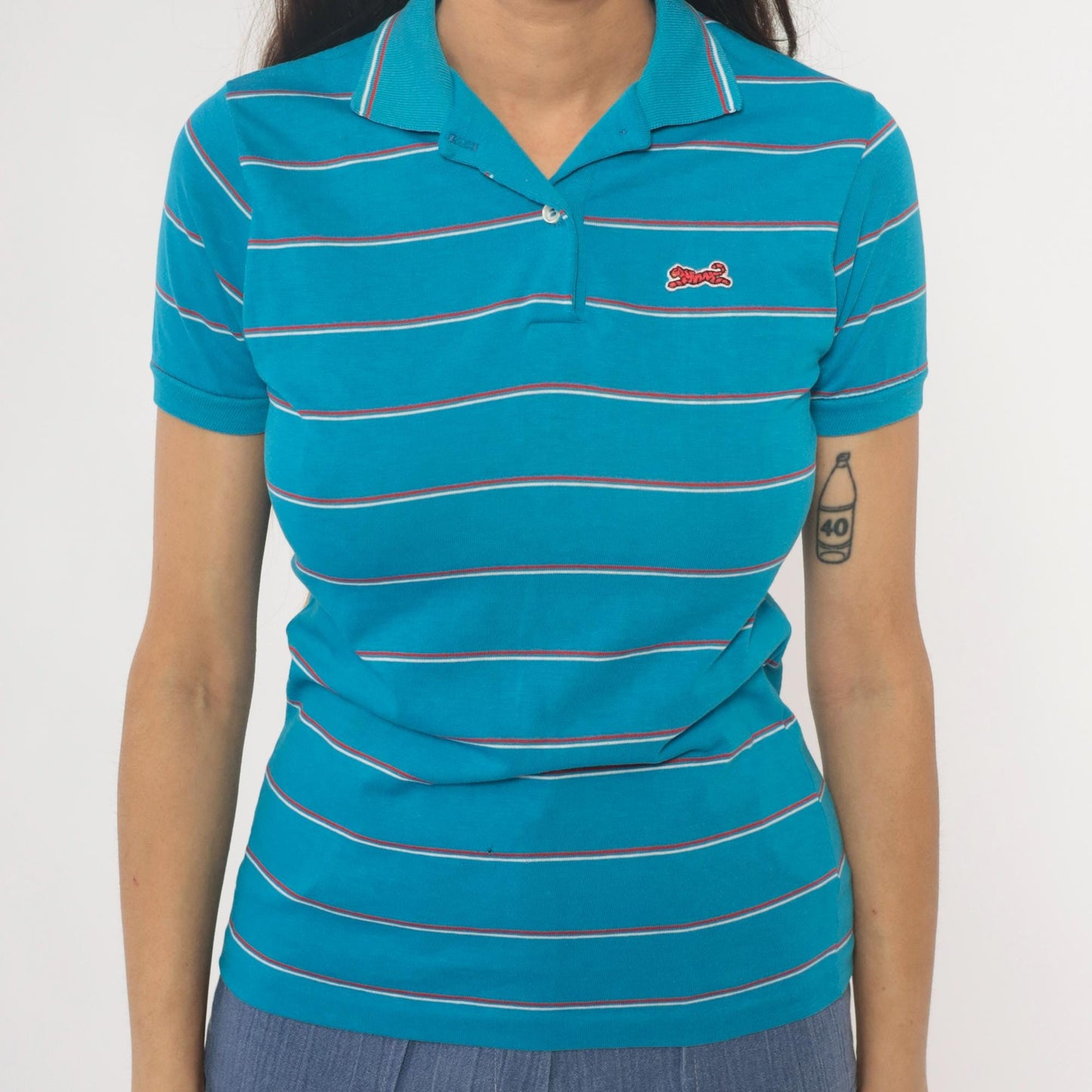 90s Le Tigre Polo Striped Blue Red White Horizontal Collared Shirt Extra Large XL