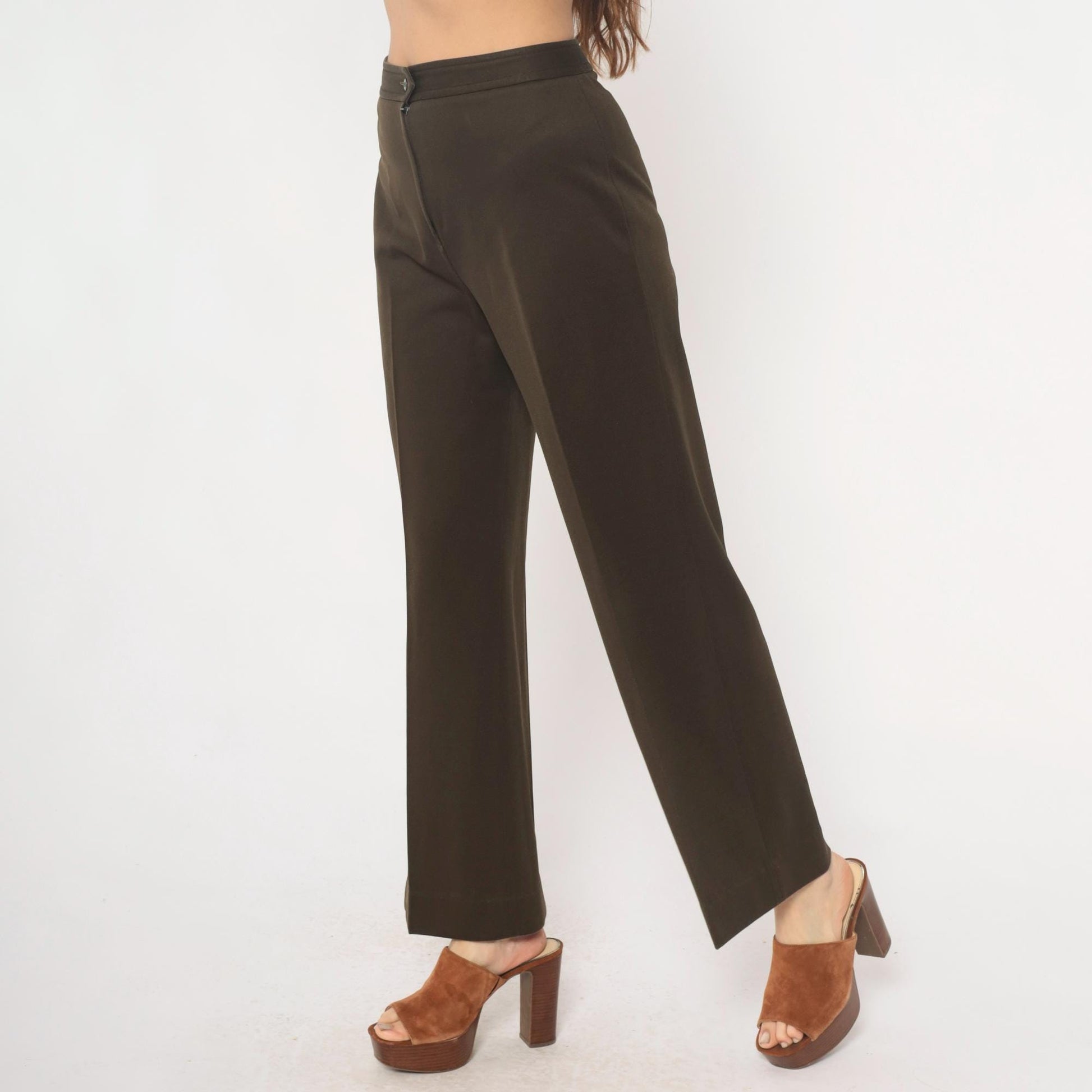 70s High Waisted Brown Straight Leg Trousers Flat Front Medium