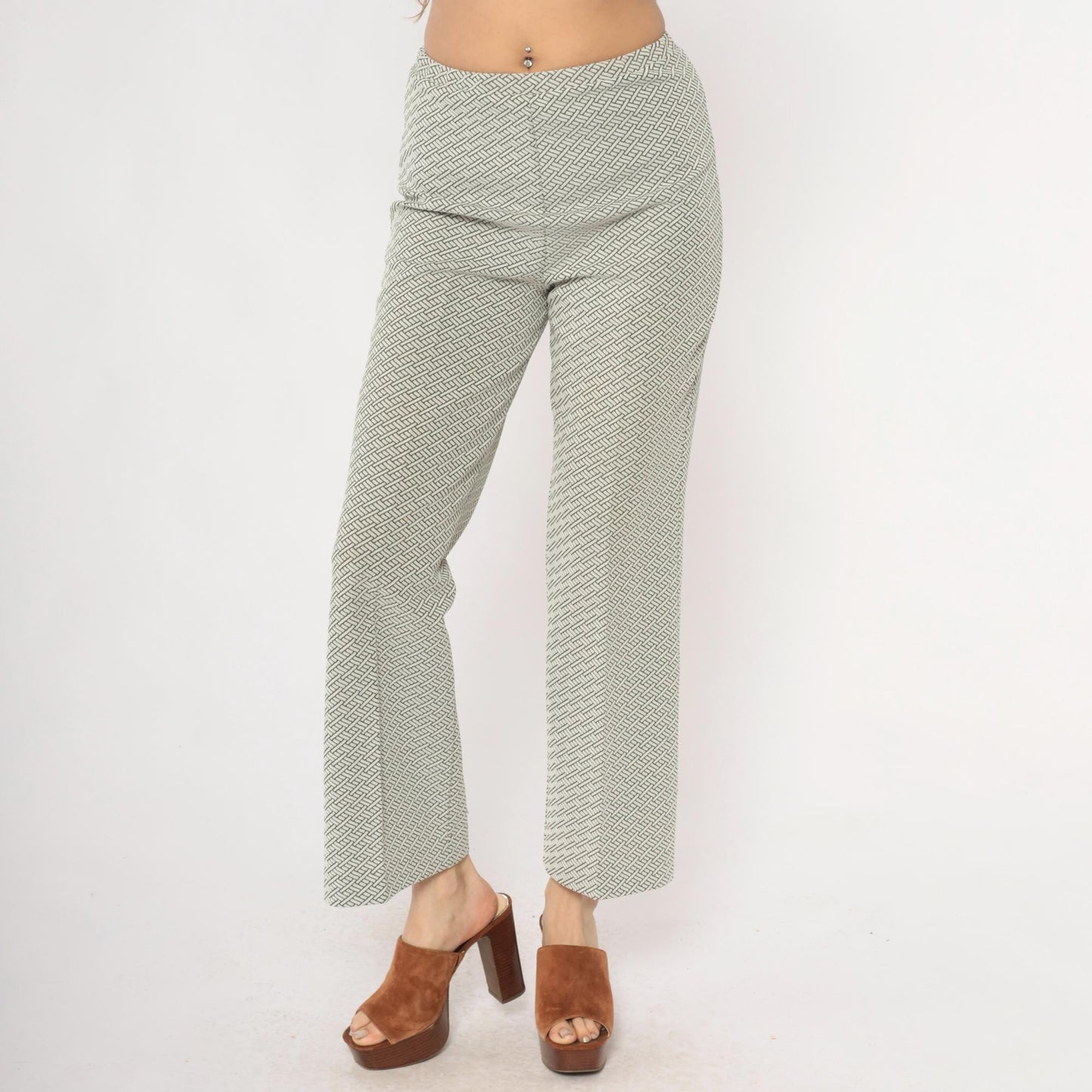 70s Geometric Basketweave Straight Leg Pants Cream Black High Waist Small