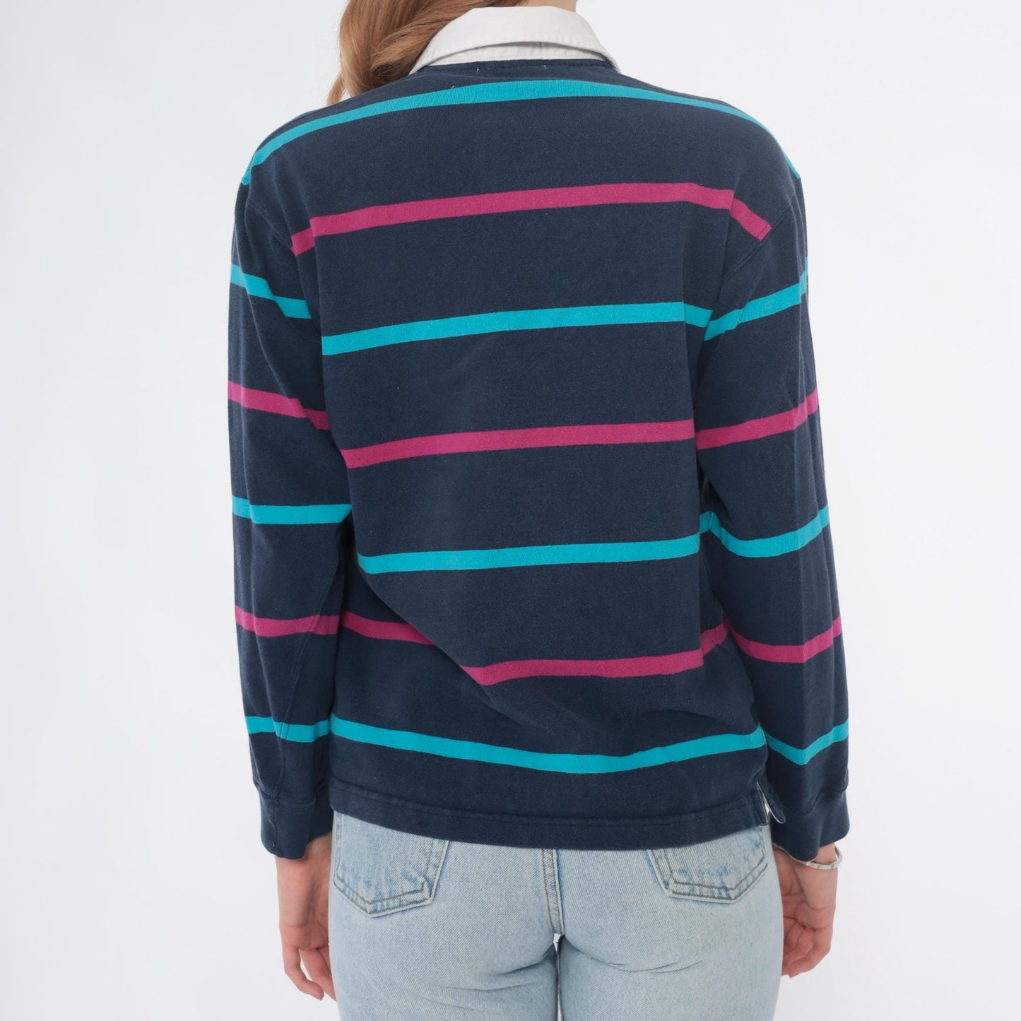 90s Dover by Arrow Rugby Polo Navy Pink Teal Striped Cotton Small