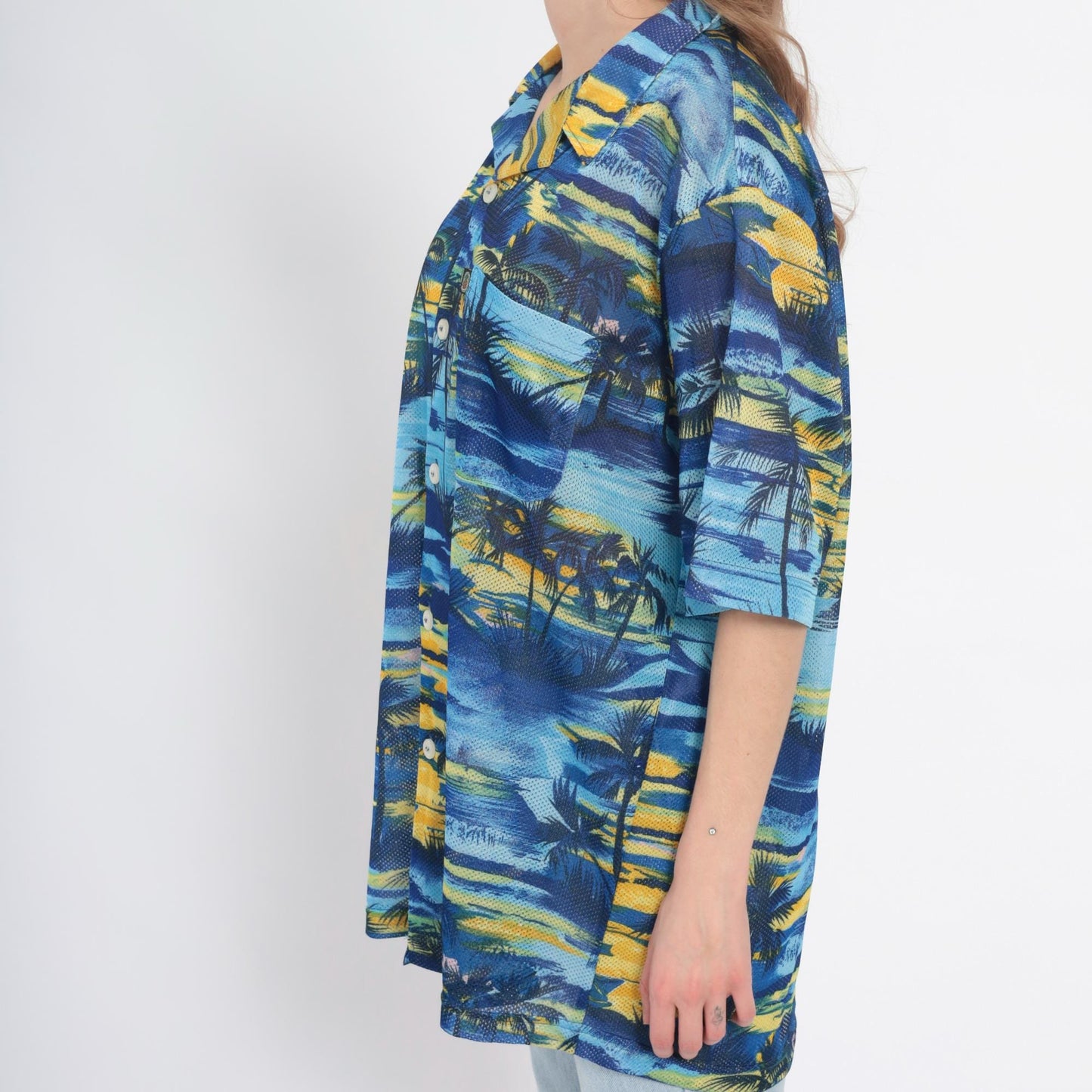 Y2K Pineapple Connection Hawaiian Shirt Blue Yellow Palm Tree Print Large L