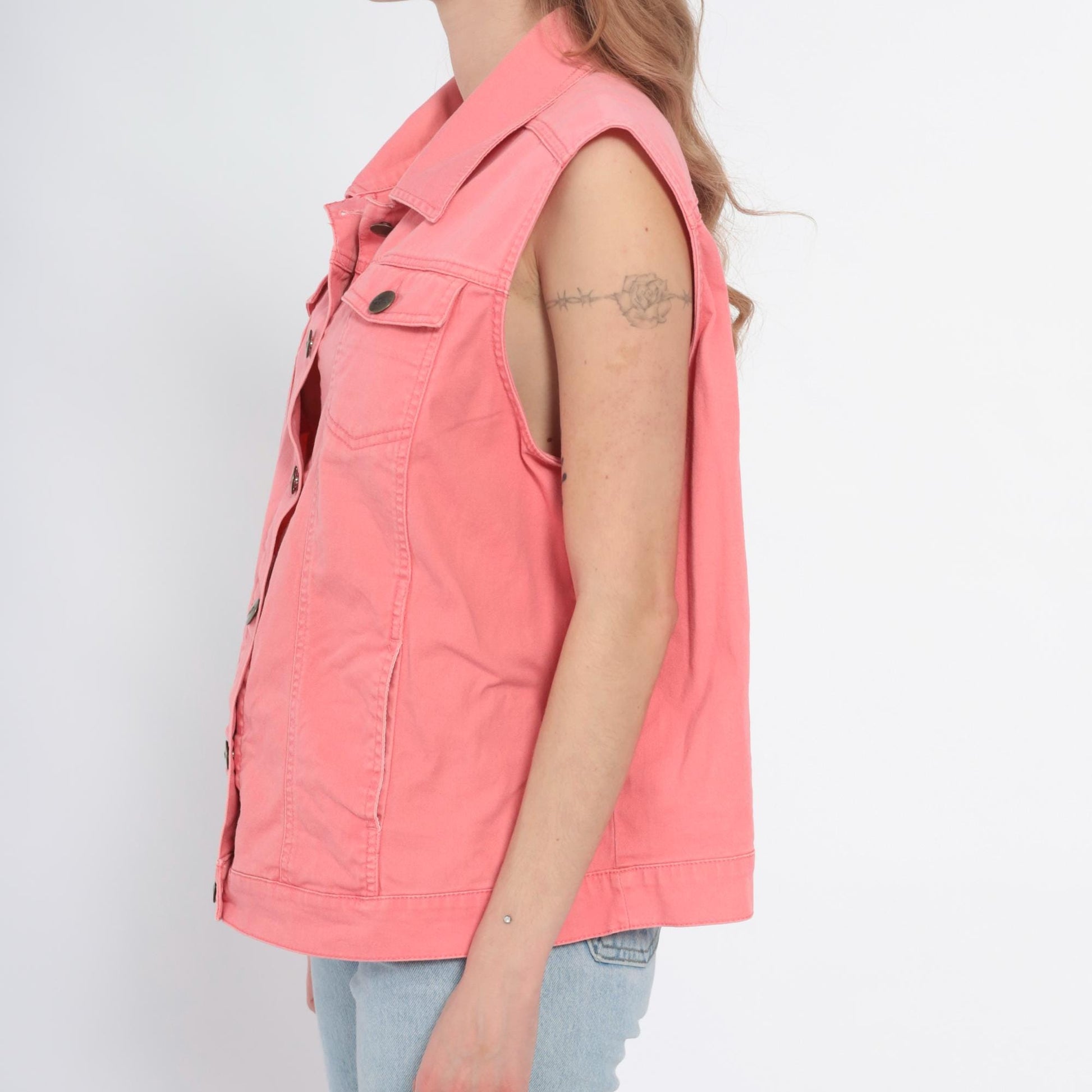 90s Bend Over Pink Denim Vest Button Front Pointed Collar Extra Large XL