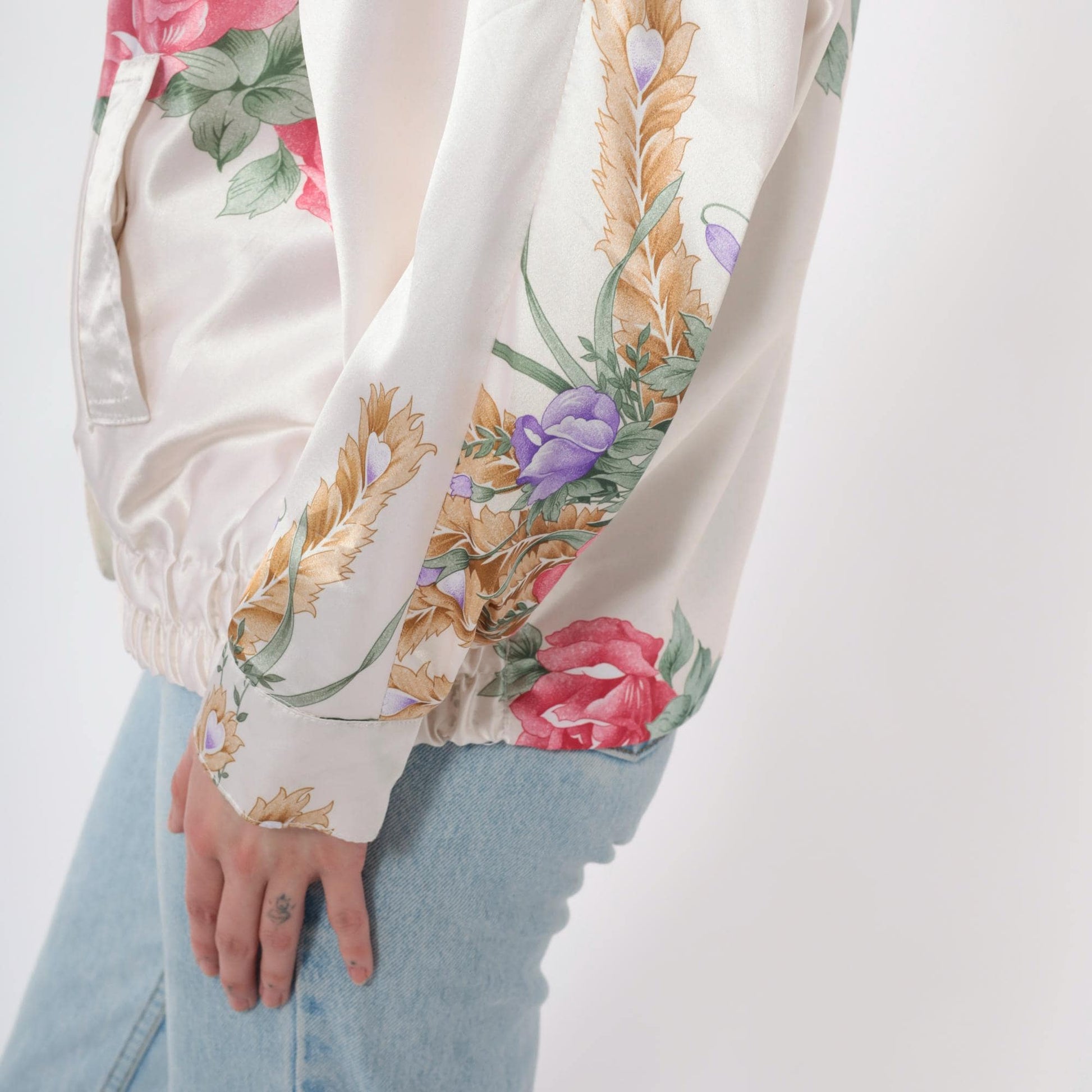 90s Floral Windbreaker Jacket White Zip Botanical Print Medium M