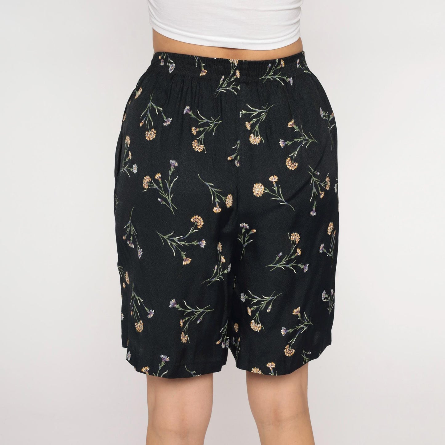 90s Anise Petite Black Floral Wide Leg Shorts High Rise Medium
