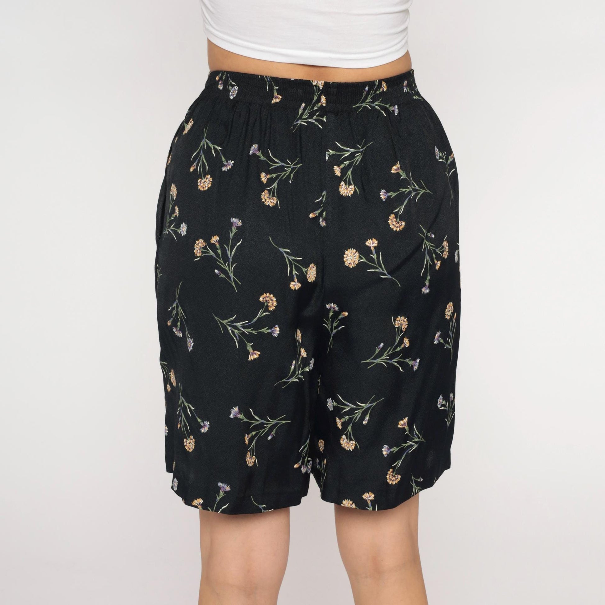 90s Anise Petite Black Floral Wide Leg Shorts High Rise Medium