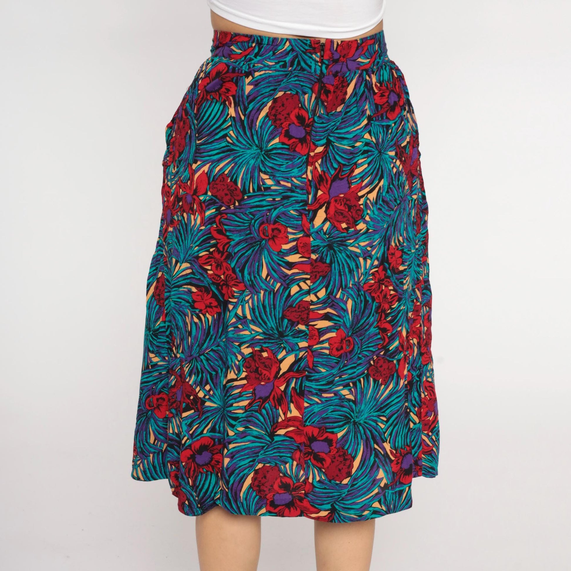 90s Tropical Palm Floral Maxi Skirt Turquoise Purple Elastic Waist Medium