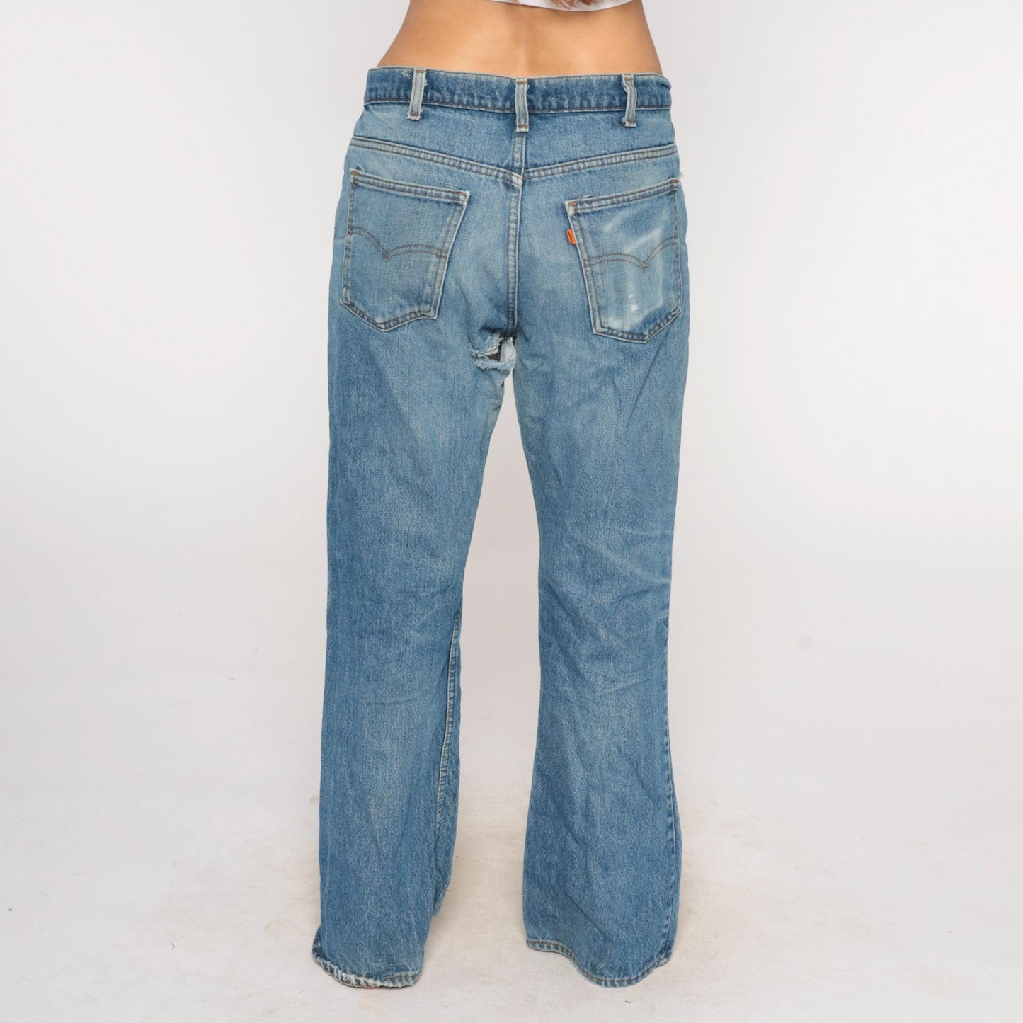 80s Levi's Bootcut Jeans Light Blue Faded Orange Tab Button Fly 34W 31L