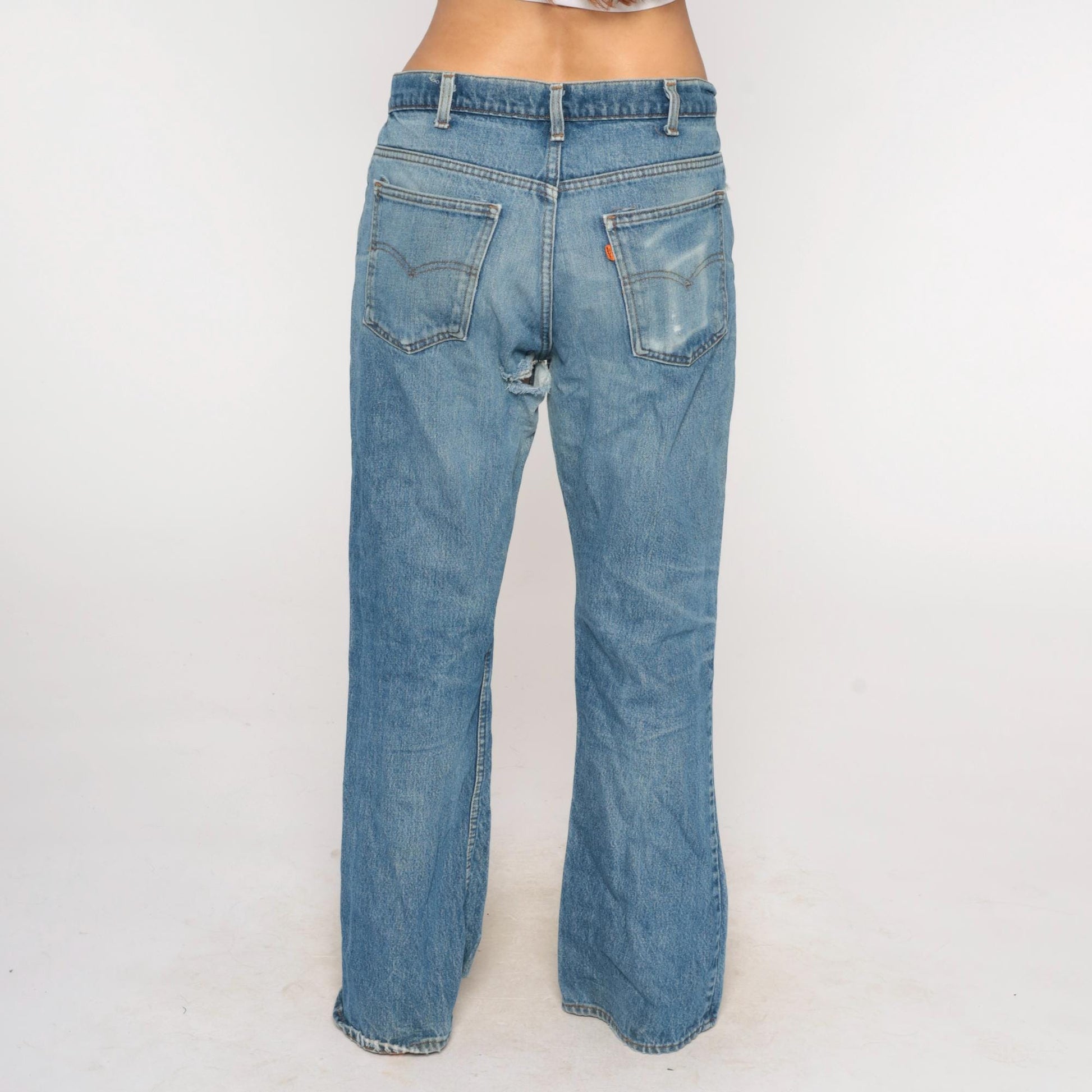 80s Levi's Bootcut Jeans Light Blue Faded Orange Tab Button Fly 34W 31L