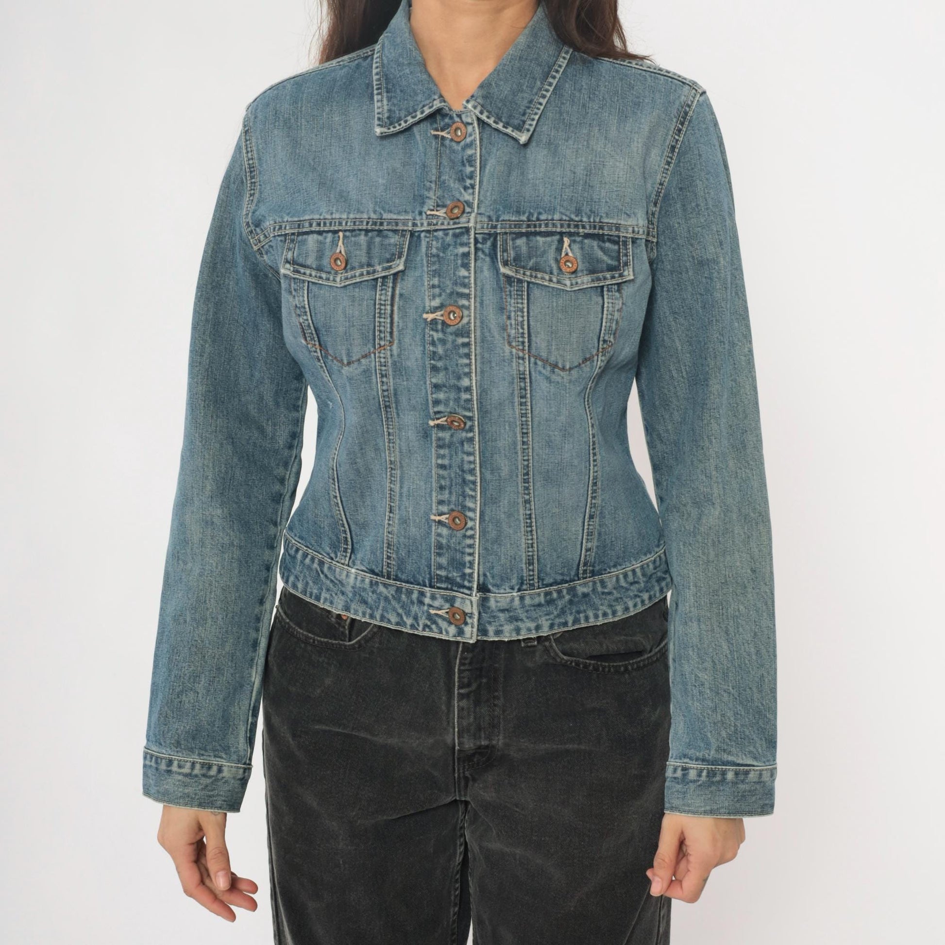 Y2K Gap Light Wash Denim Jacket Princess Seam Fitted Cropped Medium M