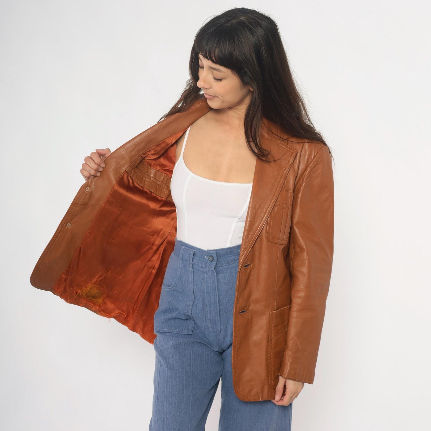 70s Leather of Distinction Tan Leather Blazer Notched Lapel Medium